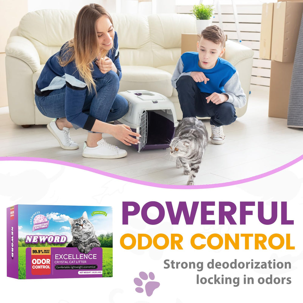 NEWORD Crystals soft-on-paws litter emphasizes gentle tracking and comfort.