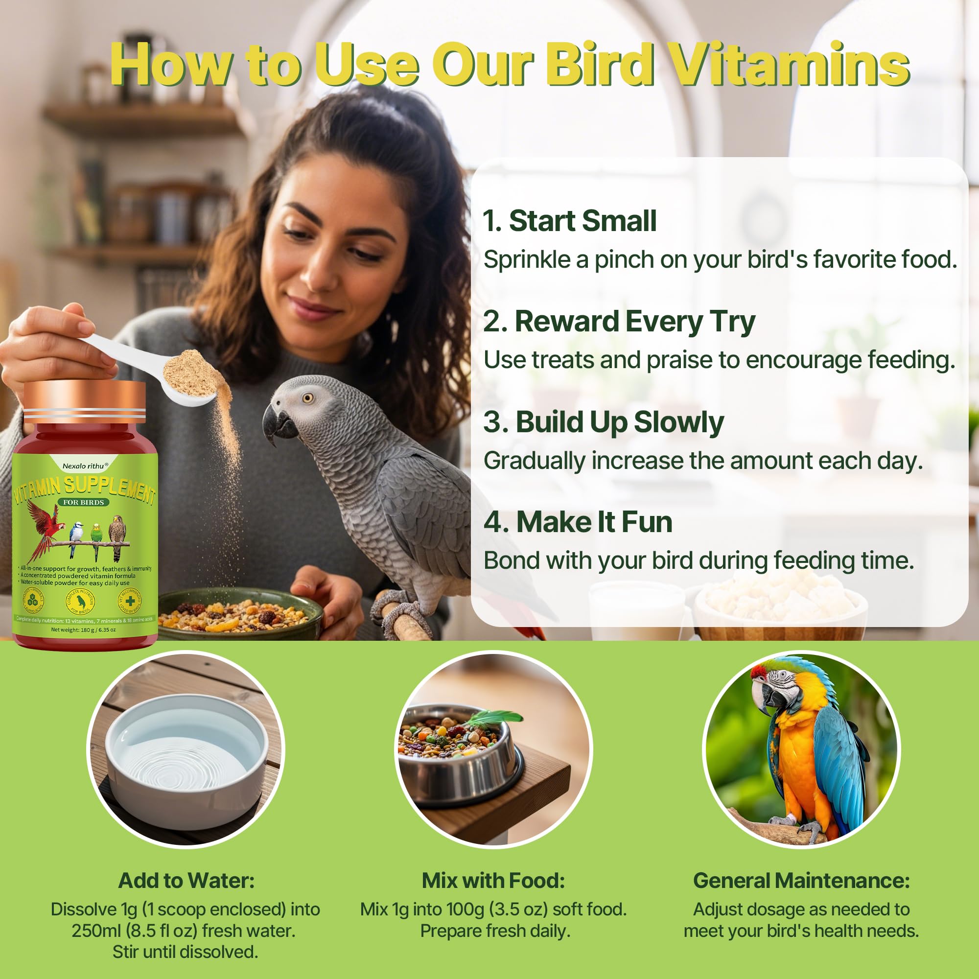 Nexalo Rithu Bird Vitamins supports immune wellness during stress and molt