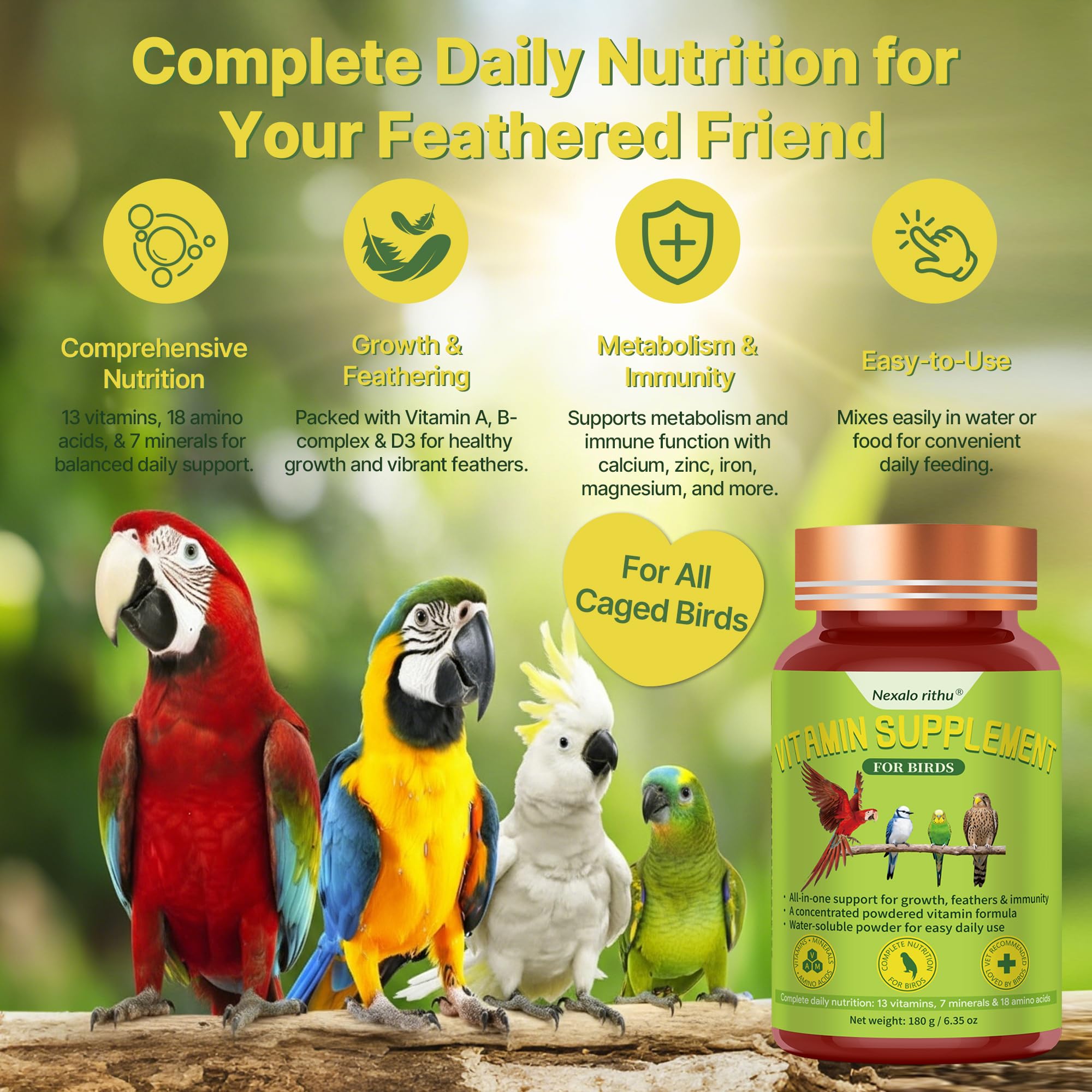 Nexalo Rithu Bird Vitamins dissolves in water for easy daily feeding
