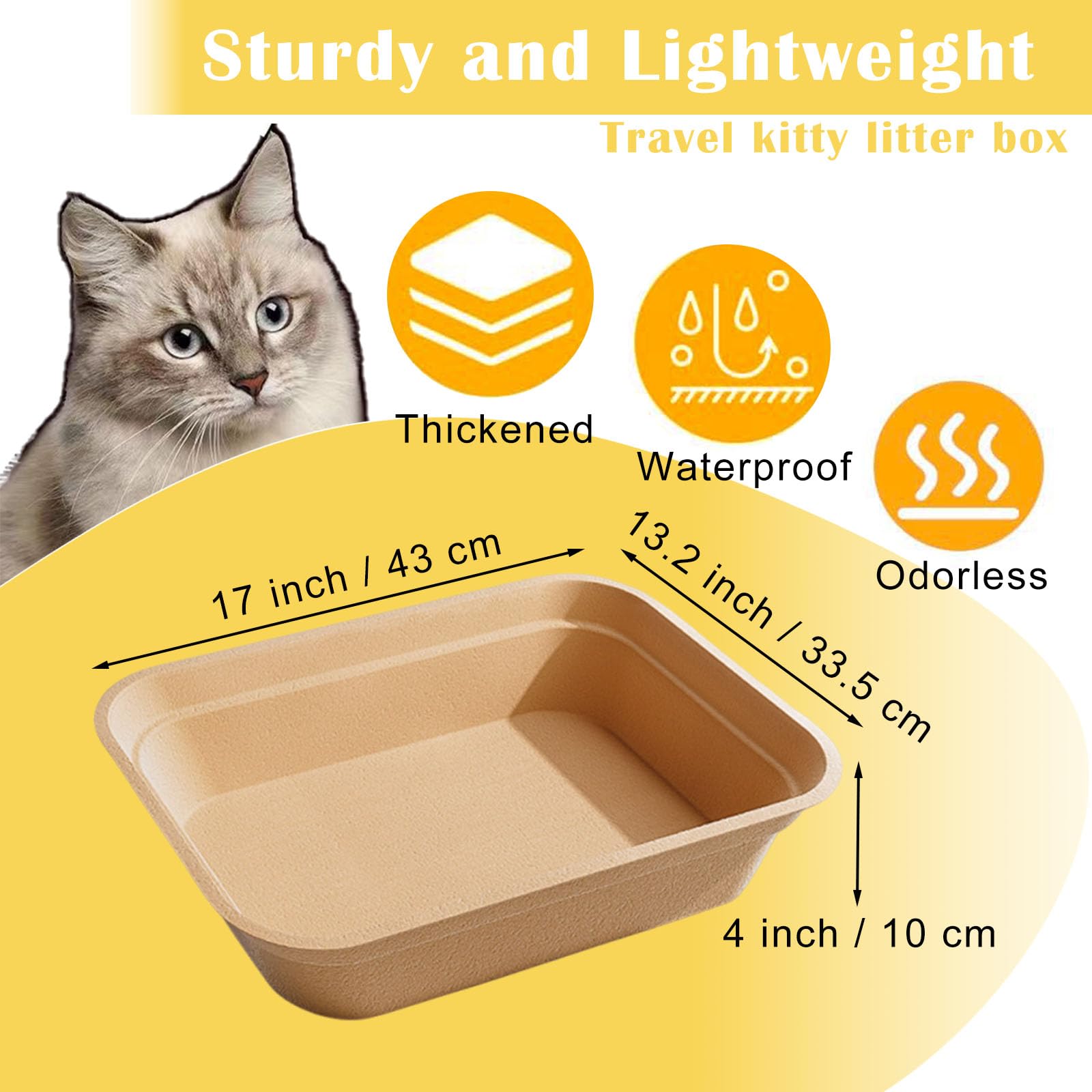 Nexboraque disposable litter box side view, sturdy pulp material reduces overflow