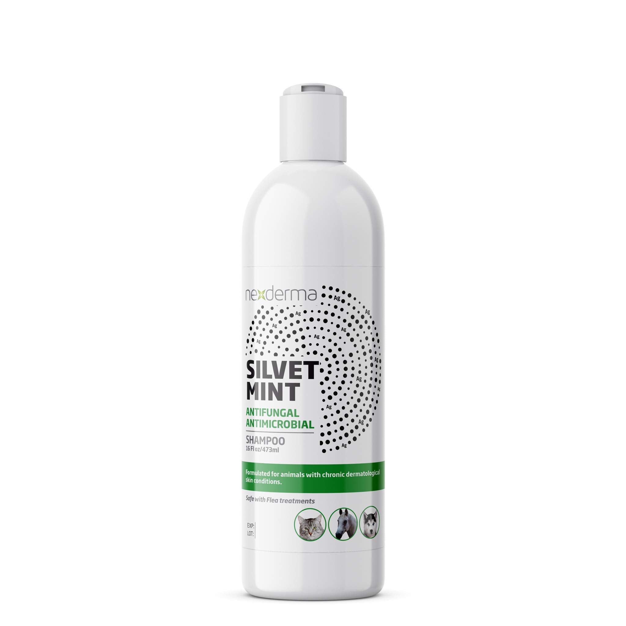 NEXDERMA Silvet shampoo bottle highlighting tearless, hypoallergenic pet care.