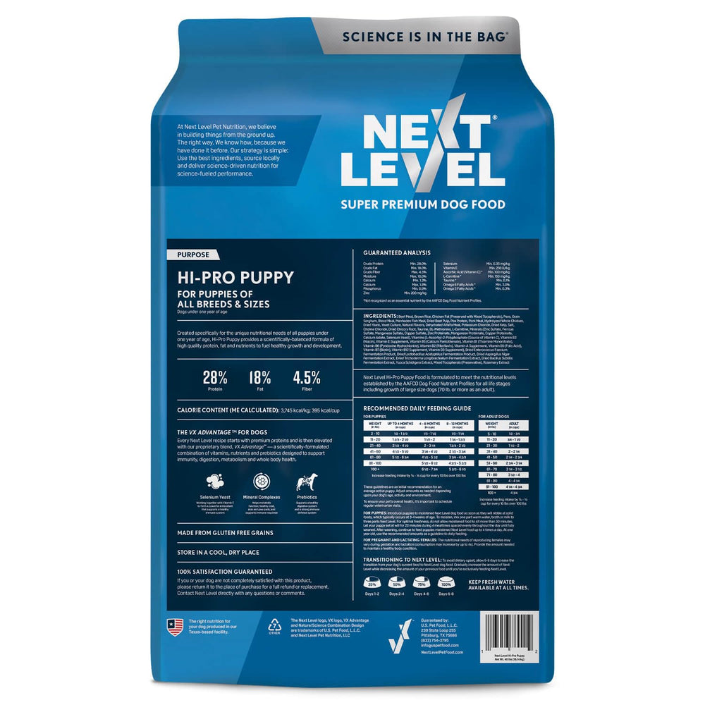 Next Level HI-PRO Puppy kibble in a bowl for daily feeding.