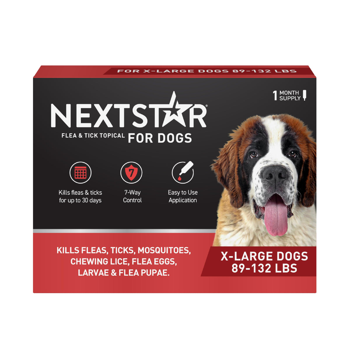 NEXTSTAR bottle close-up showing topical flea protection for dogs.