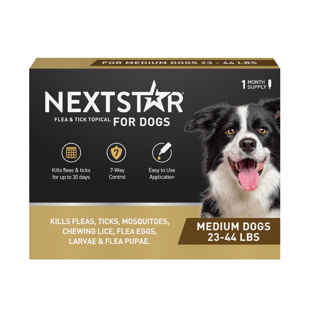 NEXTSTAR bottle for dogs shows fast-acting flea and tick protection.