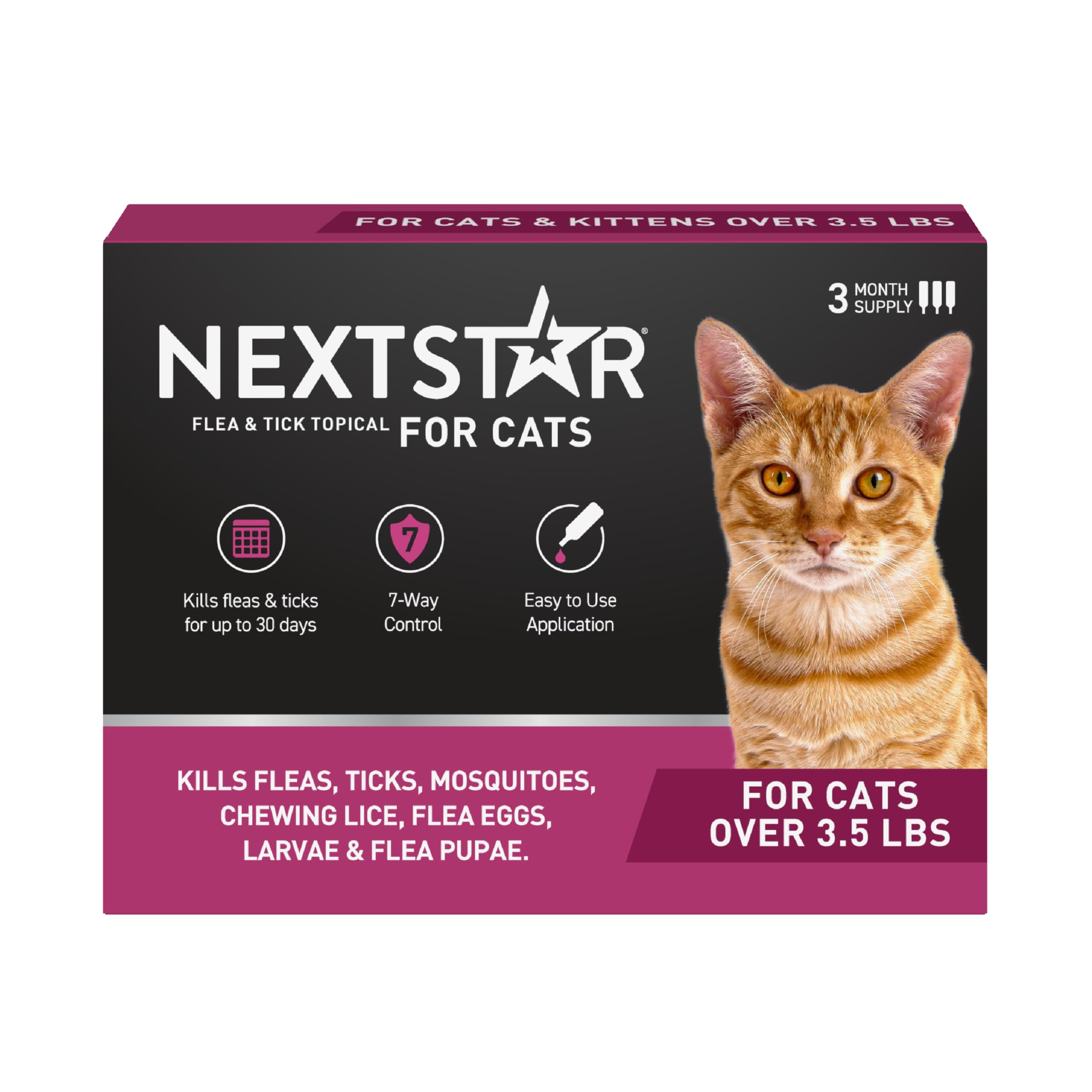NEXTSTAR cat flea and tick prevention 30-day drops applied on skin for continuous protection.