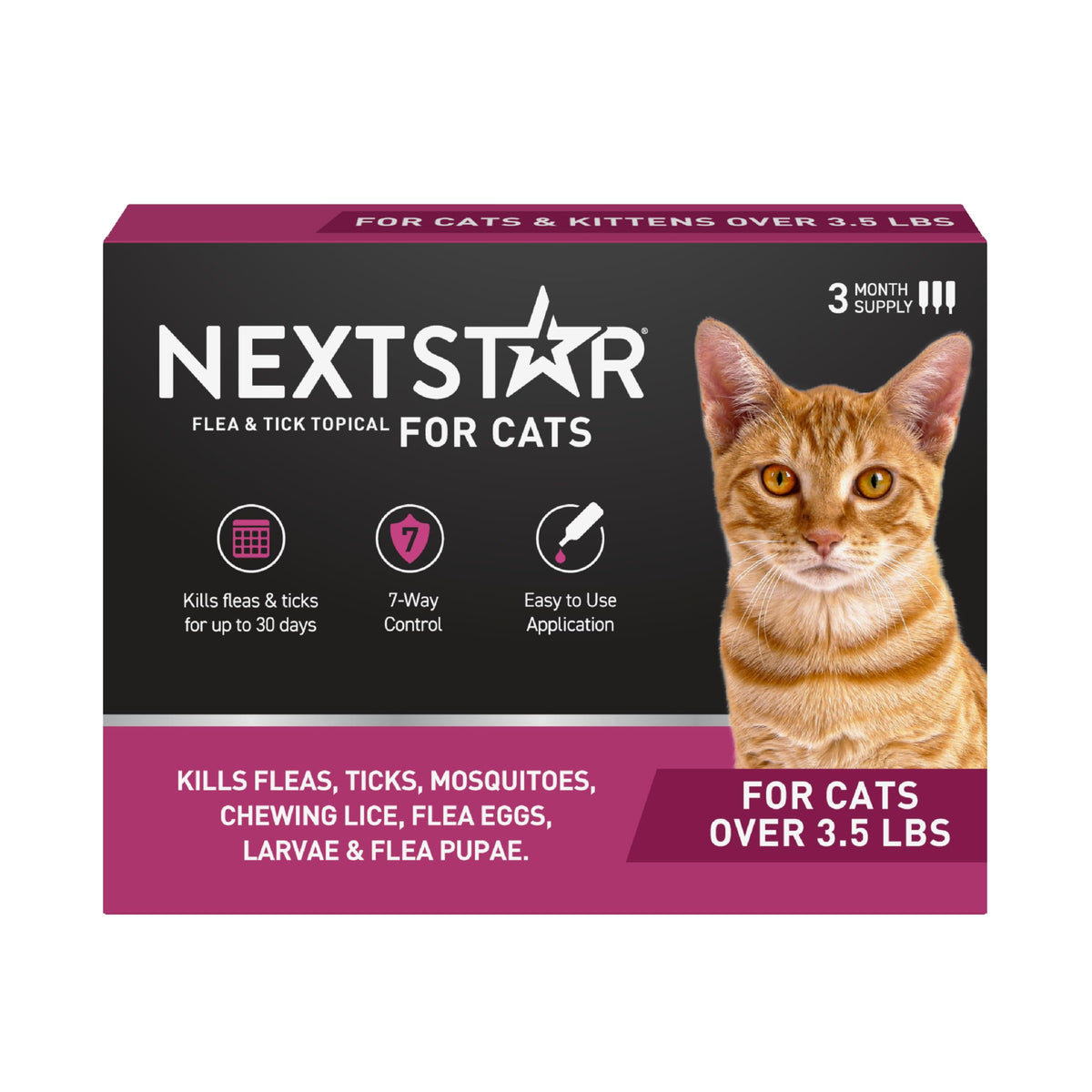 NEXTSTAR cat flea and tick prevention 30-day drops applied on skin for continuous protection.