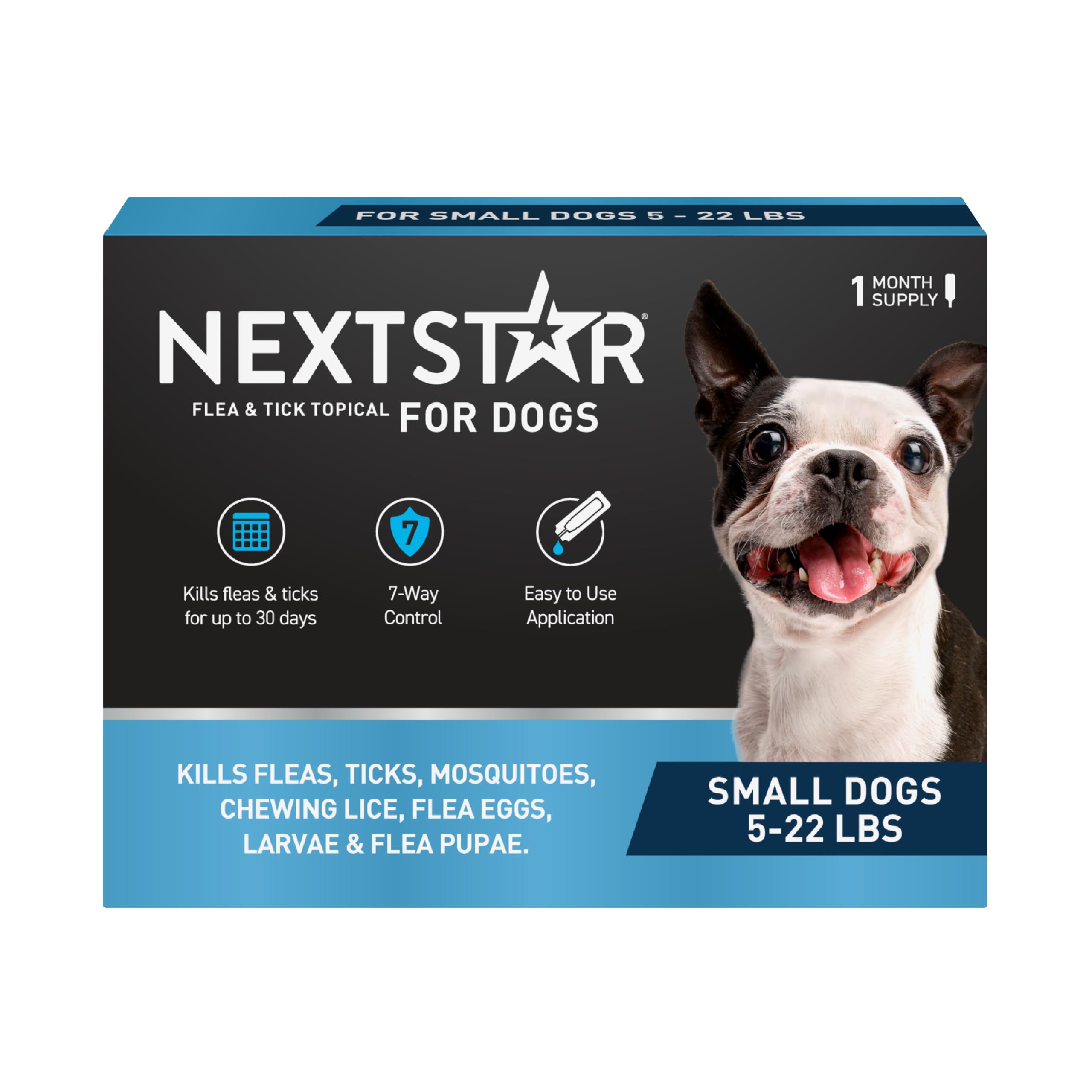 NEXTSTAR flea and tick topical bottle shown for quick 30-day protection on dogs.