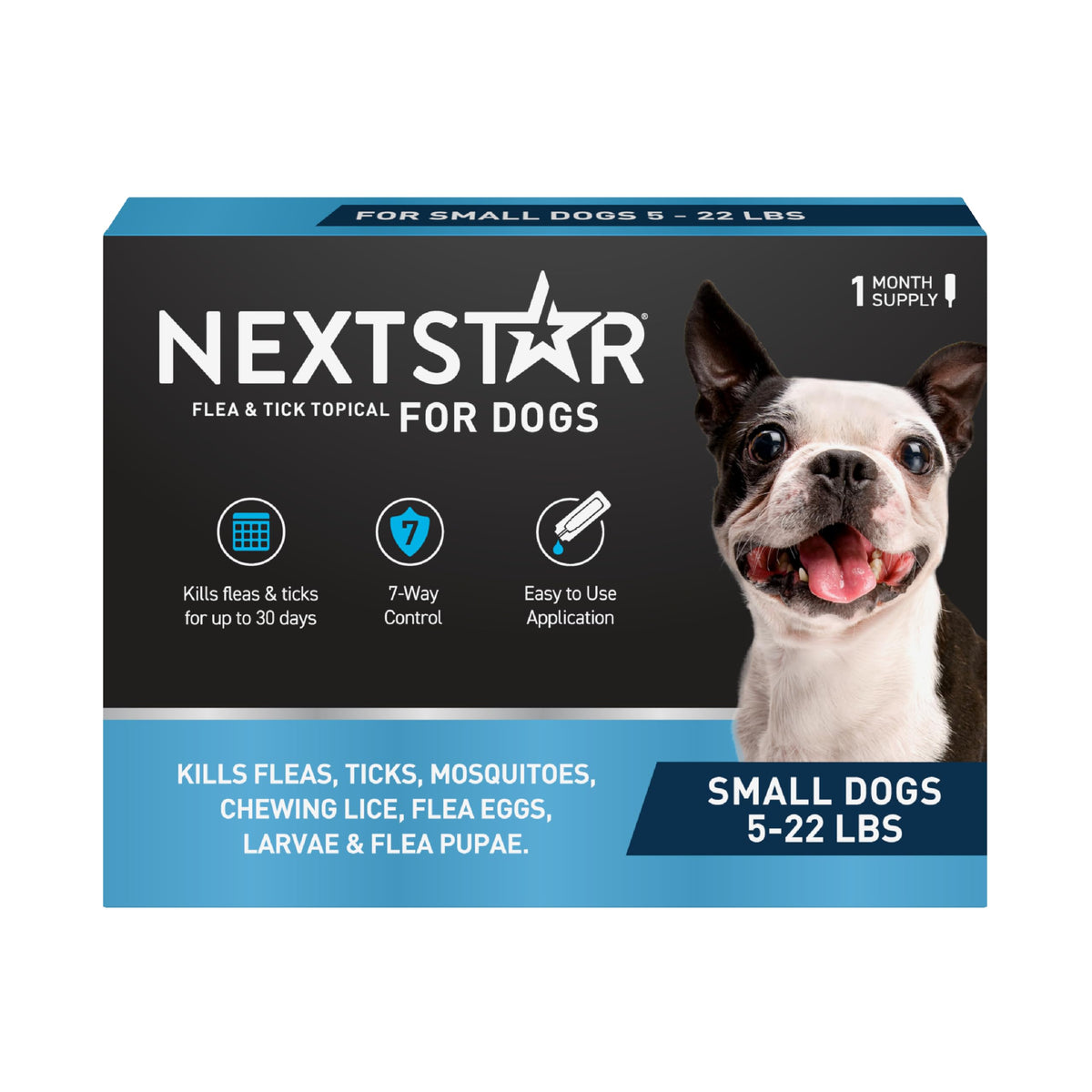 NEXTSTAR flea and tick topical bottle shown for quick 30-day protection on dogs.