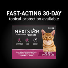 NEXTSTAR seven-way defense for cats targets fleas, ticks, mosquitoes, lice, eggs, larvae, and pupae.