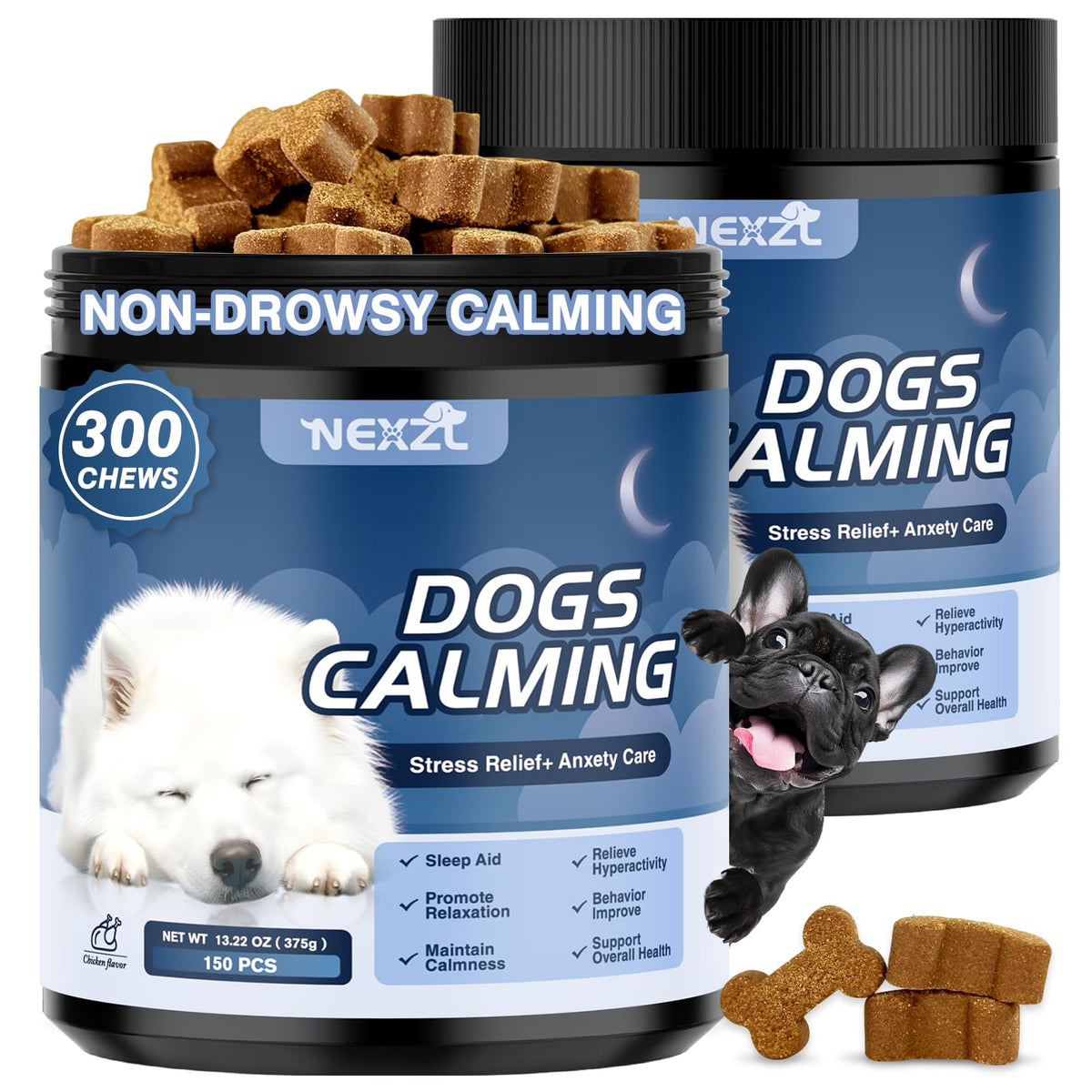 NEXZL calming chews for dogs in a 300-count can close-up; easy, long-term use.