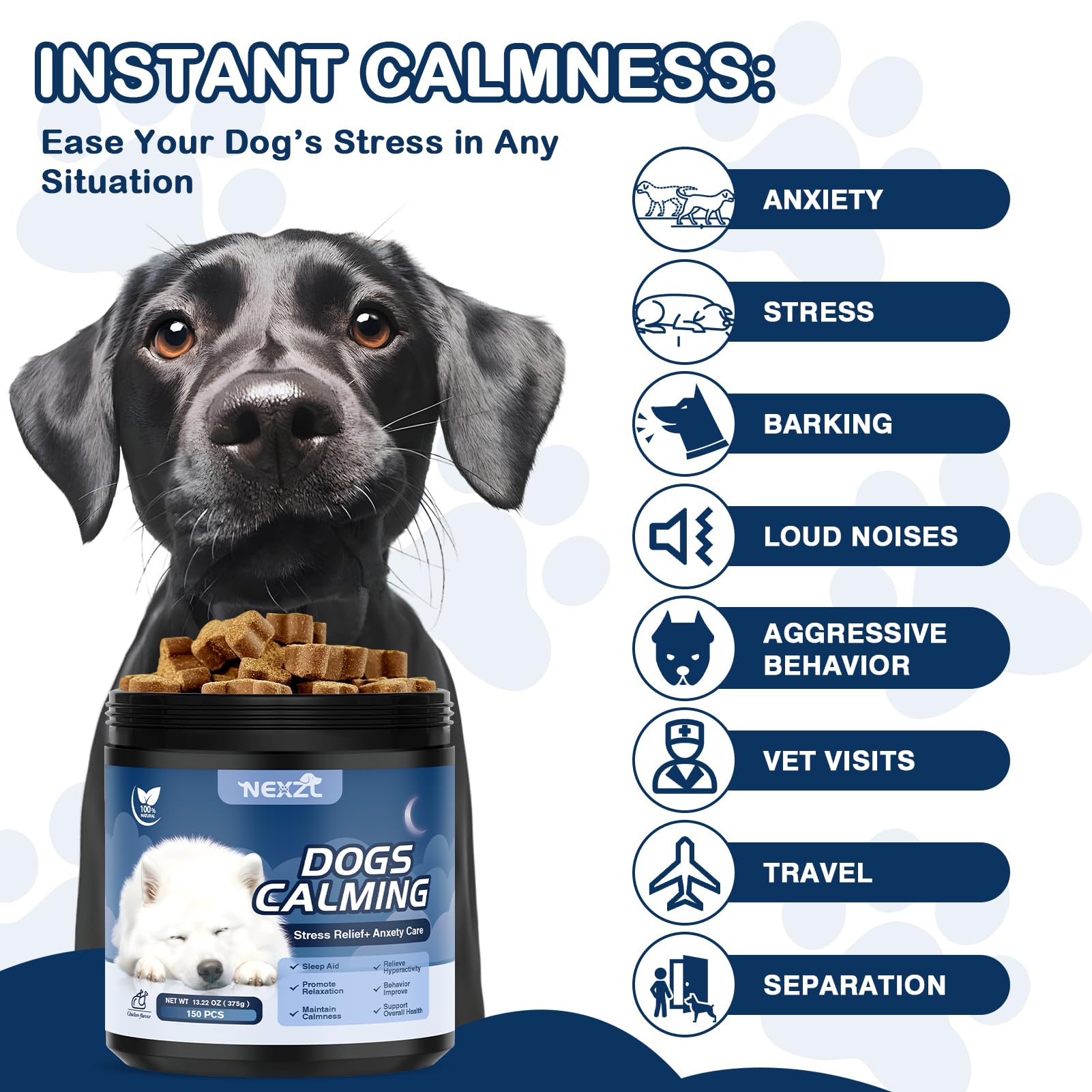 NEXZL calming chews for car rides; helps dogs stay composed.