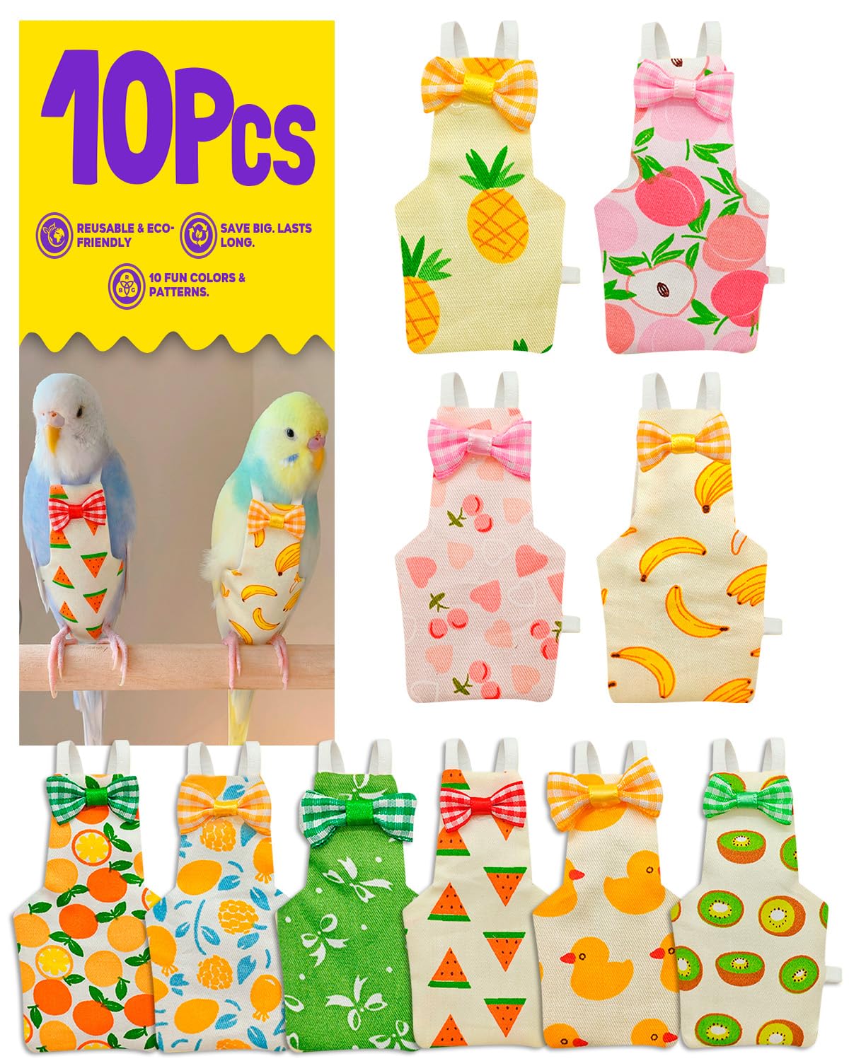 NHWNHW 10Pcs reusable bird diapers in vibrant colors for easy daily rotation.