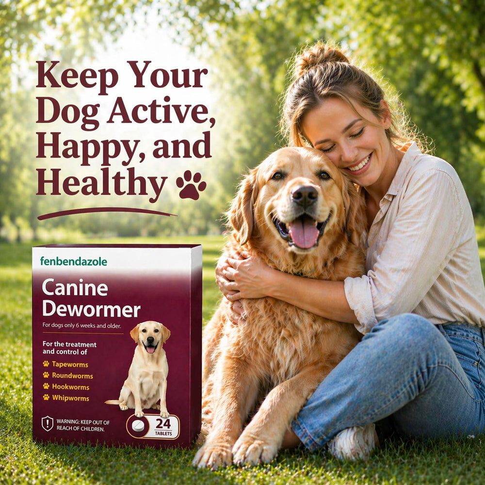 Nice2CU fenbendazole dewormer for dogs 24-count package underscores convenient household supply.