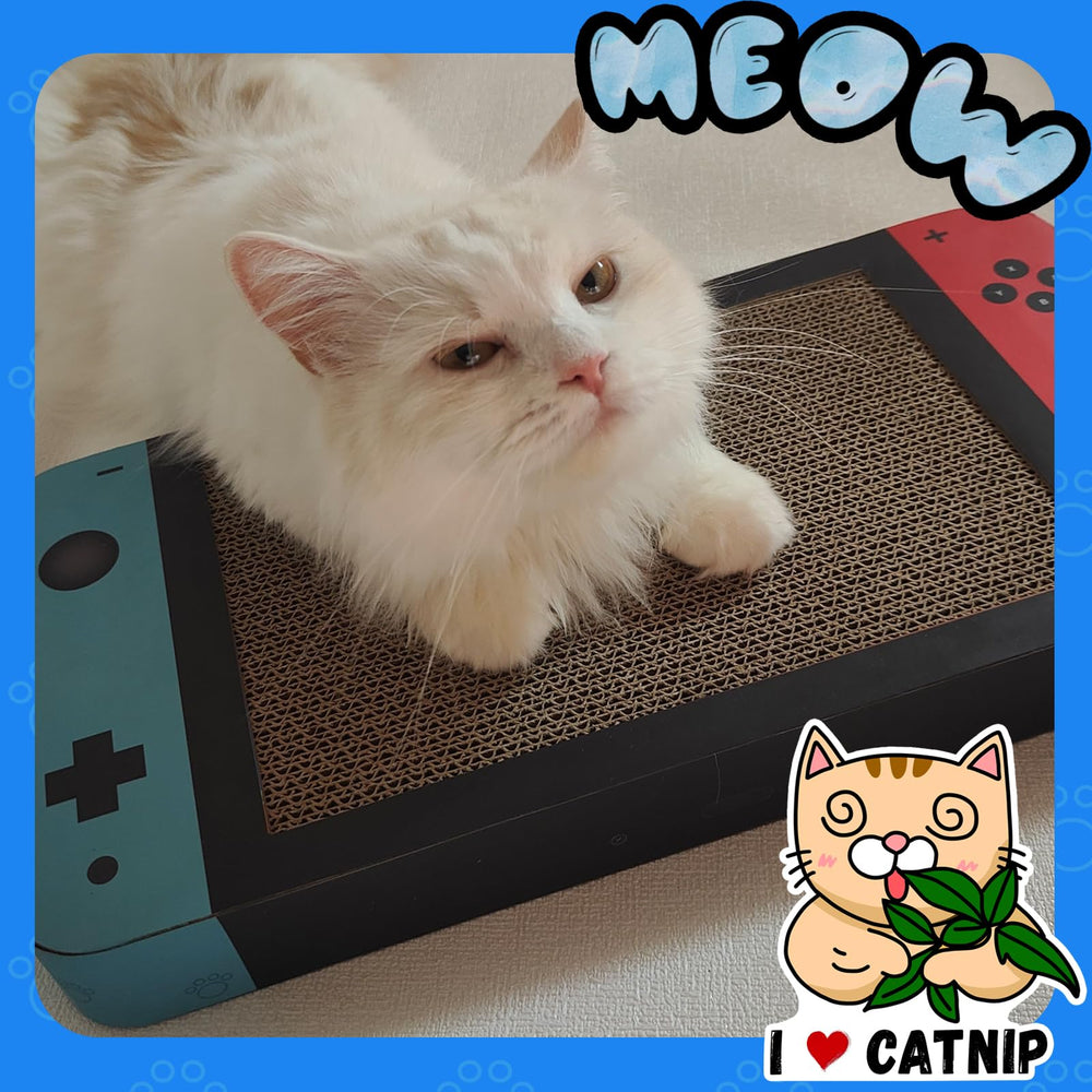 NICETHUMB Gaming Cat Scratcher packaging view showcasing included stickers and meowgame card.
