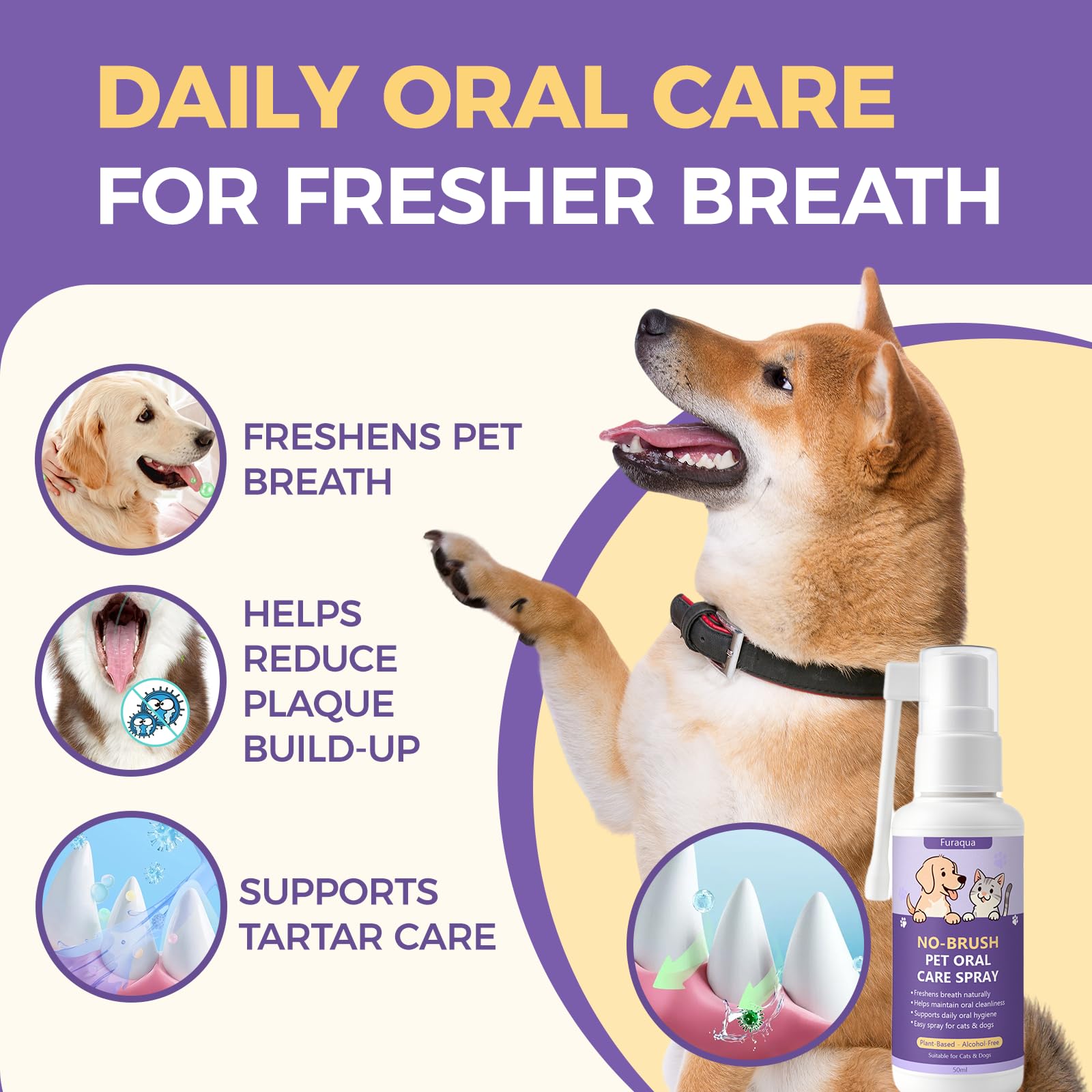 Nichalous Furaqua dental spray application shown for fast, mess-free pet care.