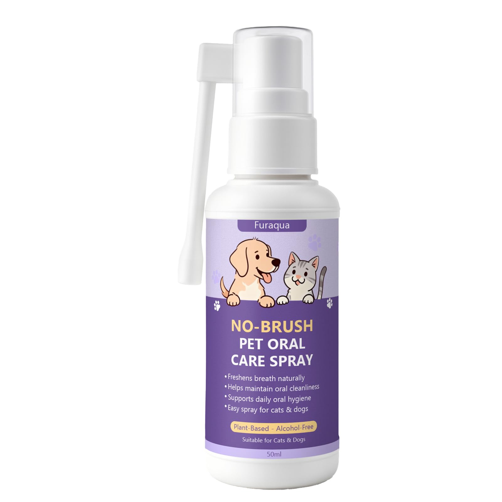 Nichalous Furaqua dental spray bottle for quick dog breath freshening and easy use.