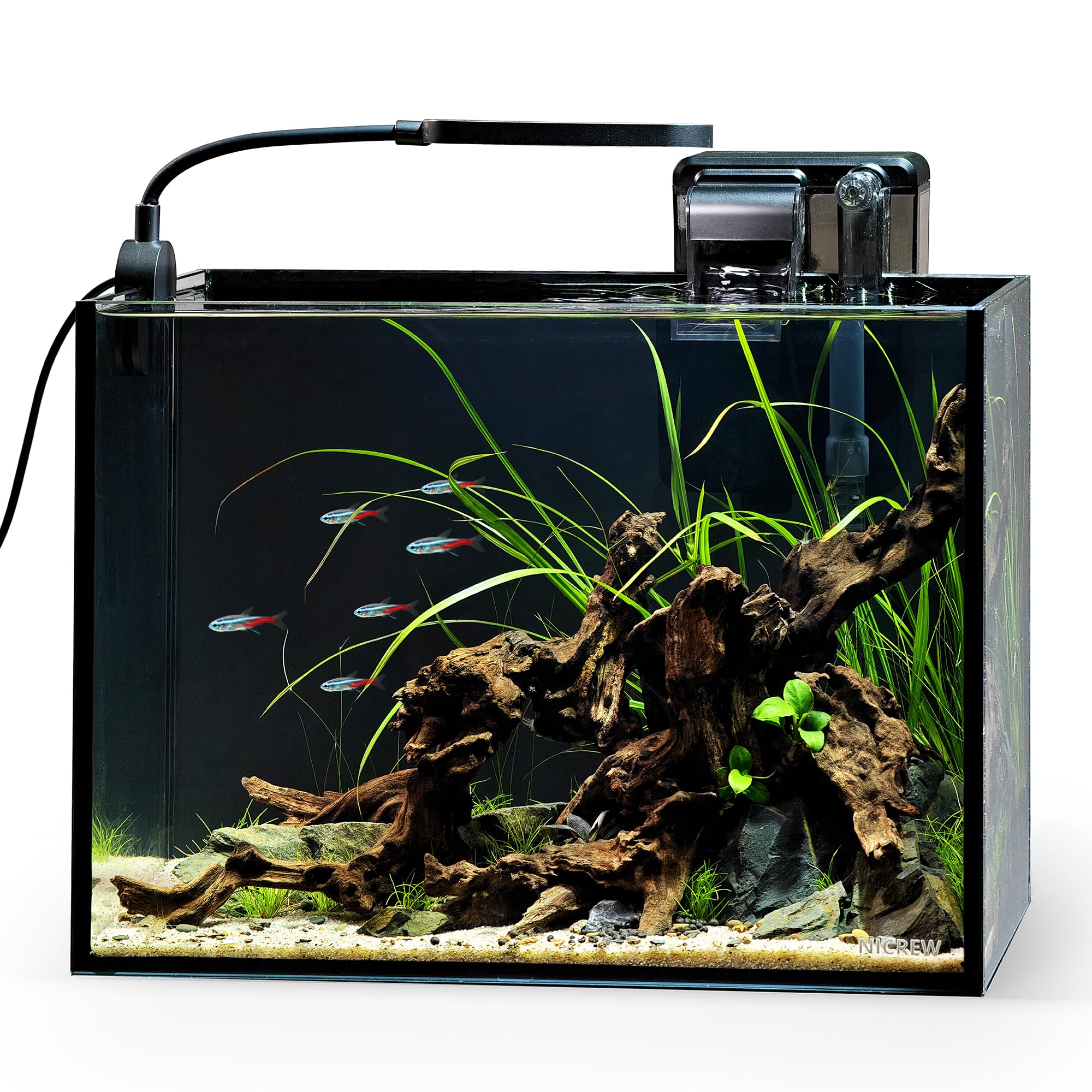 Nicrew 2.5 gallon nano nature aquarium rimless desktop tank for compact spaces with clear viewing.