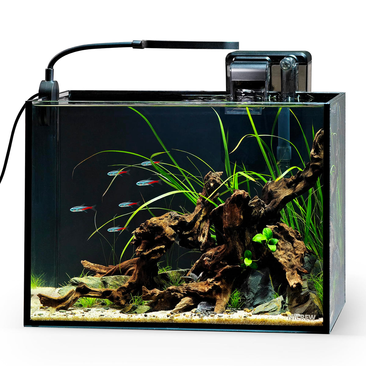 Nicrew 2.5 gallon nano nature aquarium rimless desktop tank for compact spaces with clear viewing.