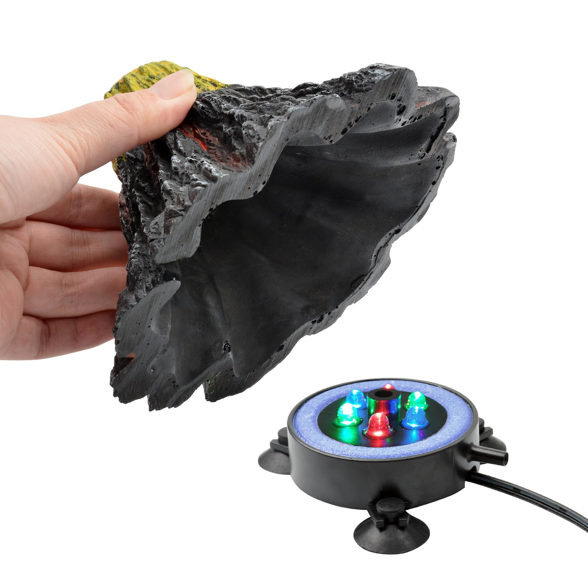 NICREW volcano ornament shown in-tank to brighten the display and spark interest.