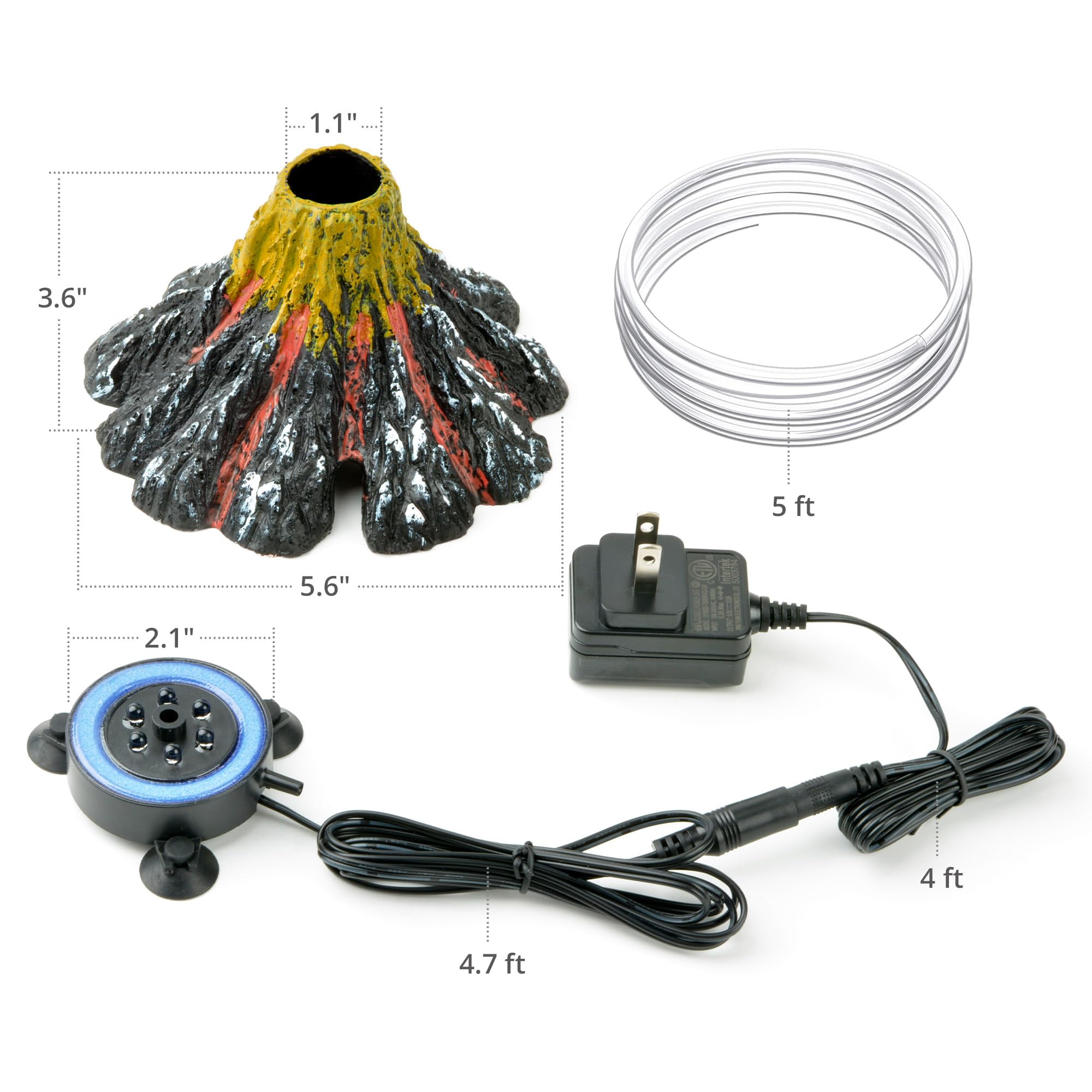 NICREW aquarium volcano kit contents include bubble maker, tubing, and power adapter.