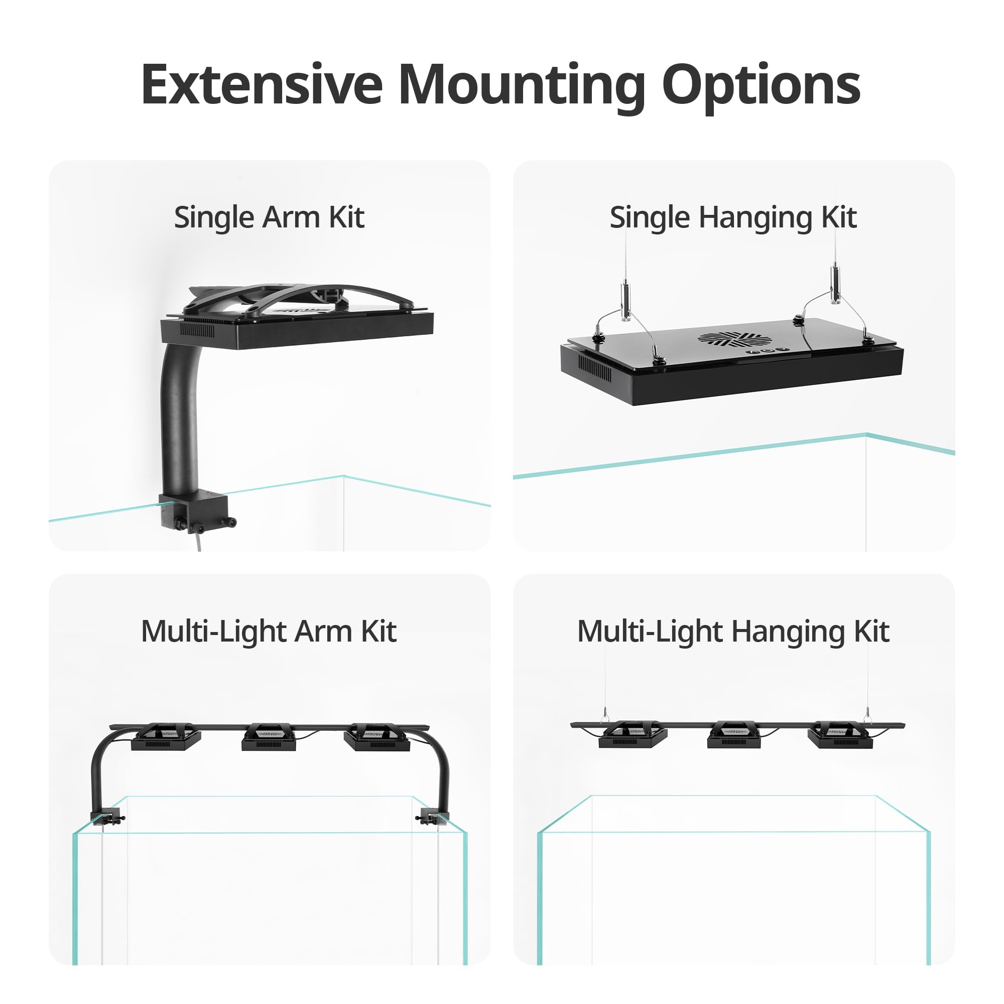 NICREW HyperReef 100 Gen 2 LED mounting options showing versatile setups
