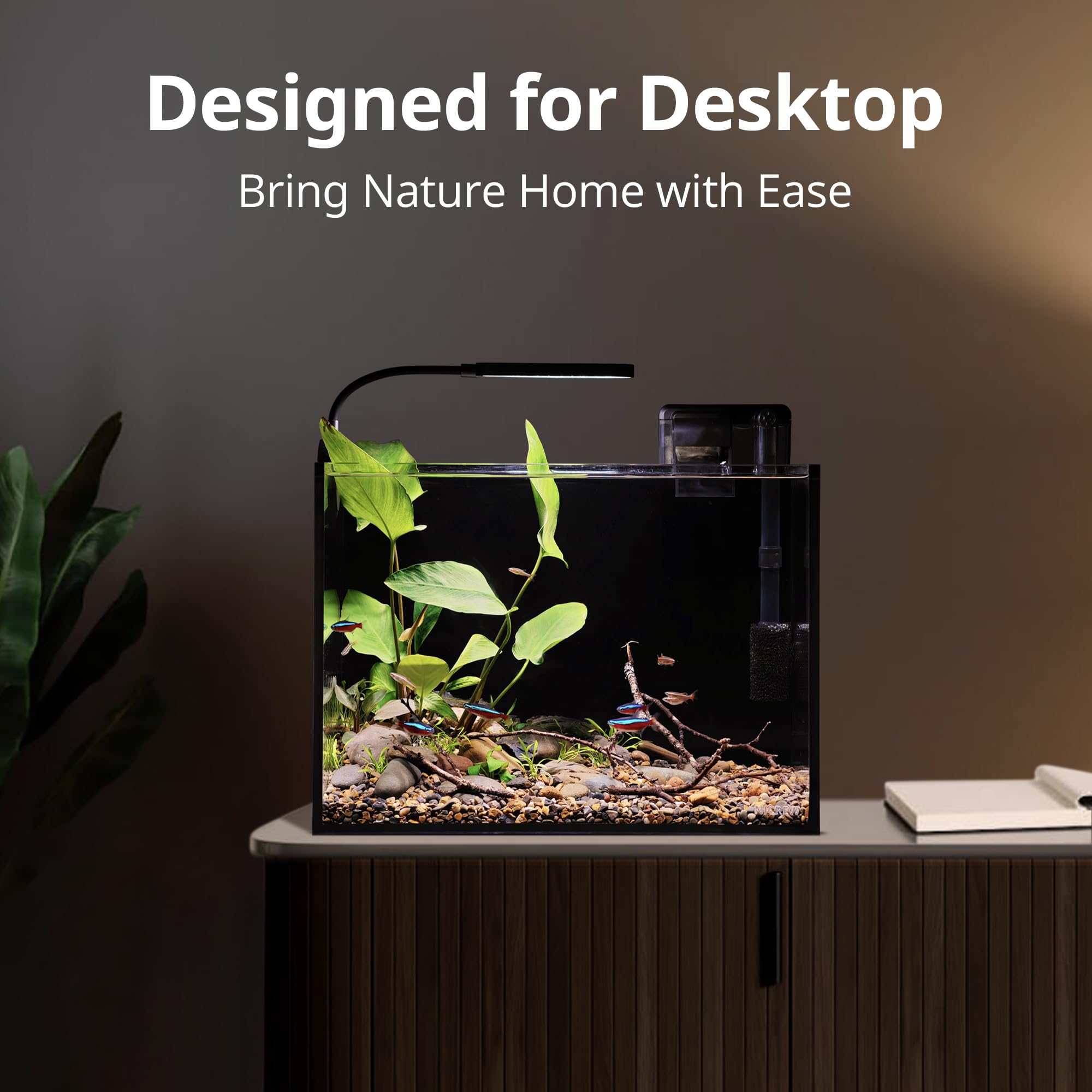 Nicrew nano aquarium kit with lid and leveling mat supports simple, ready-to-use setup.