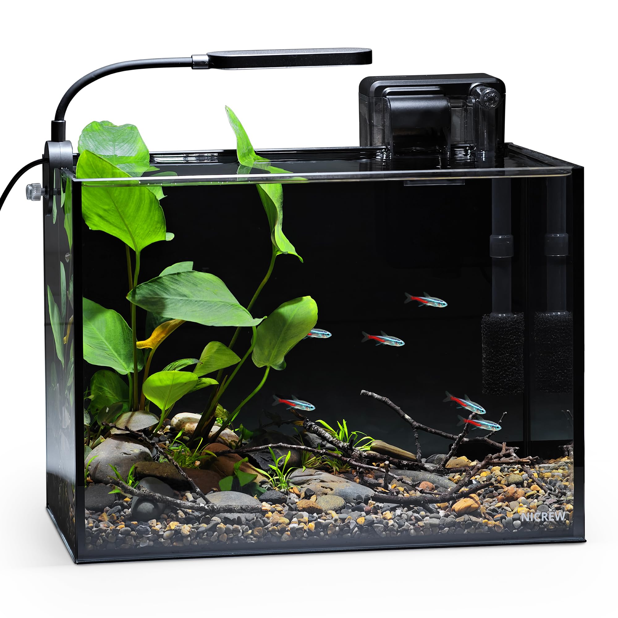 NICREW Nano Nature desktop aquarium displays a compact design for small spaces.