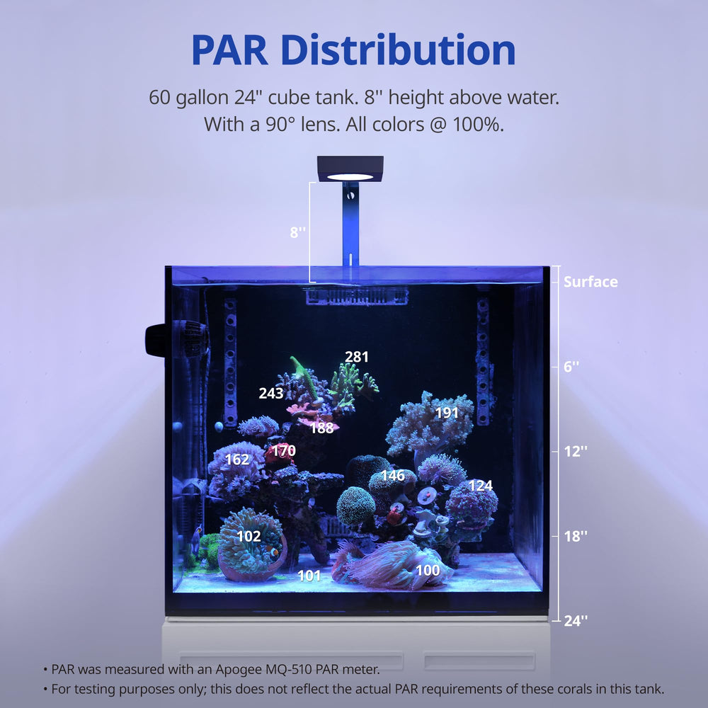 NICREW NavaReef 65 LED reef-beam pattern emphasizes 440–480 nm focus for corals.
