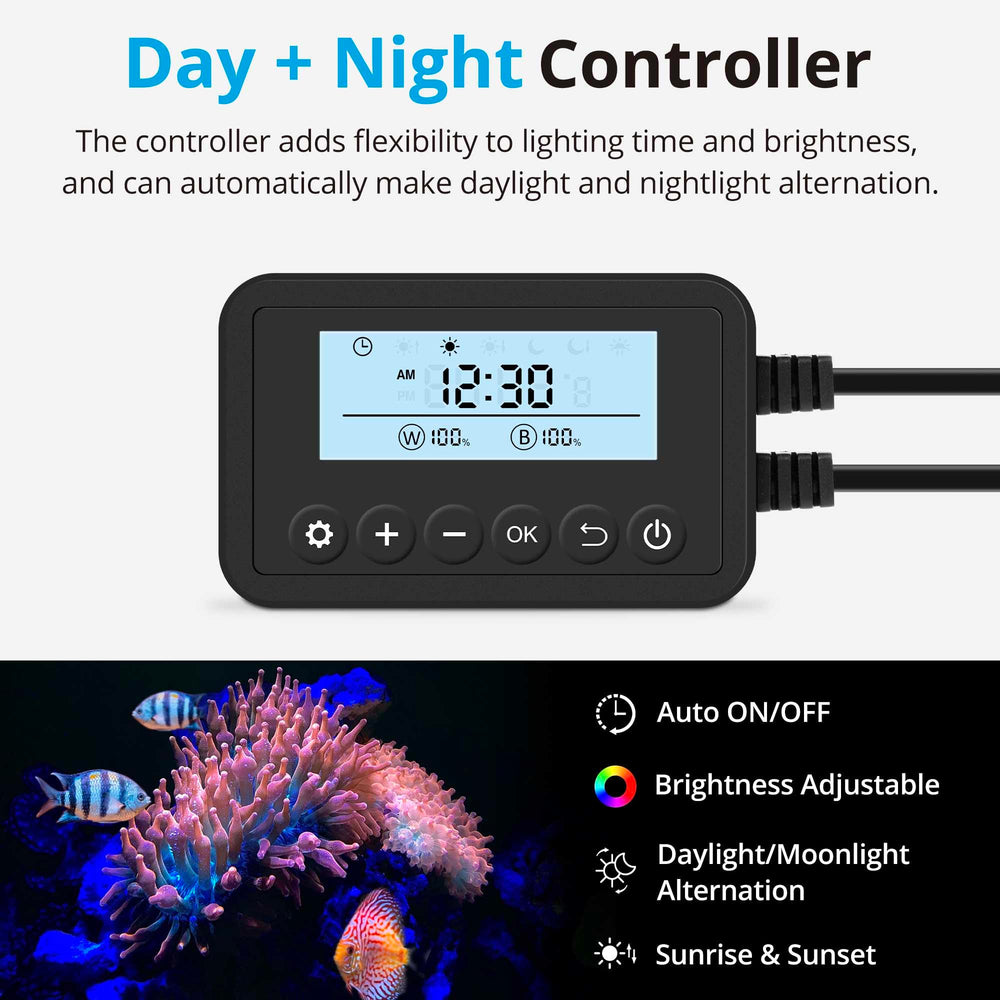 NICREW marine LED light with timer dial shows easy scheduling for gradual sunrise