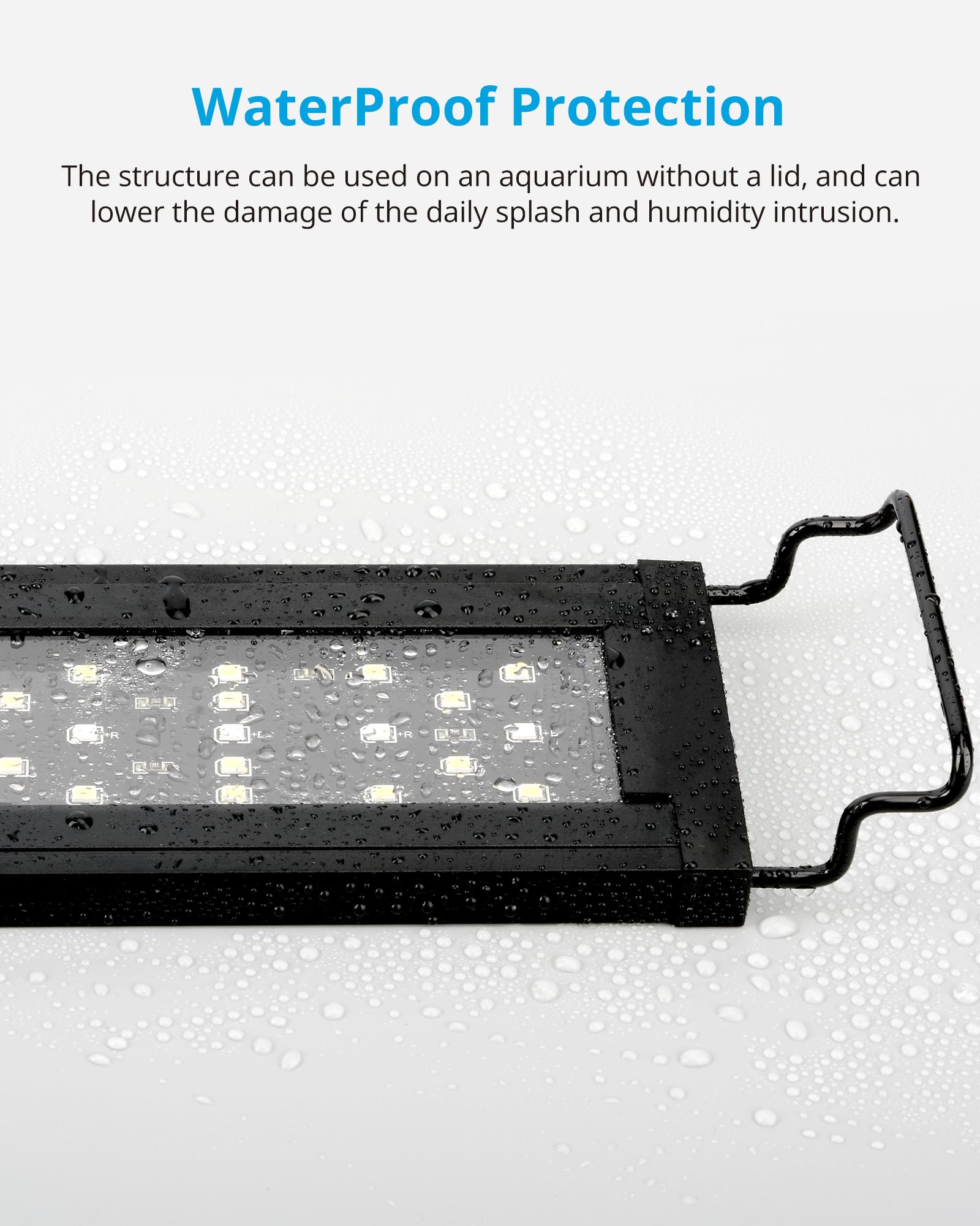 Full-spectrum LEDs combine 6500K white with blue and red for balanced lighting.