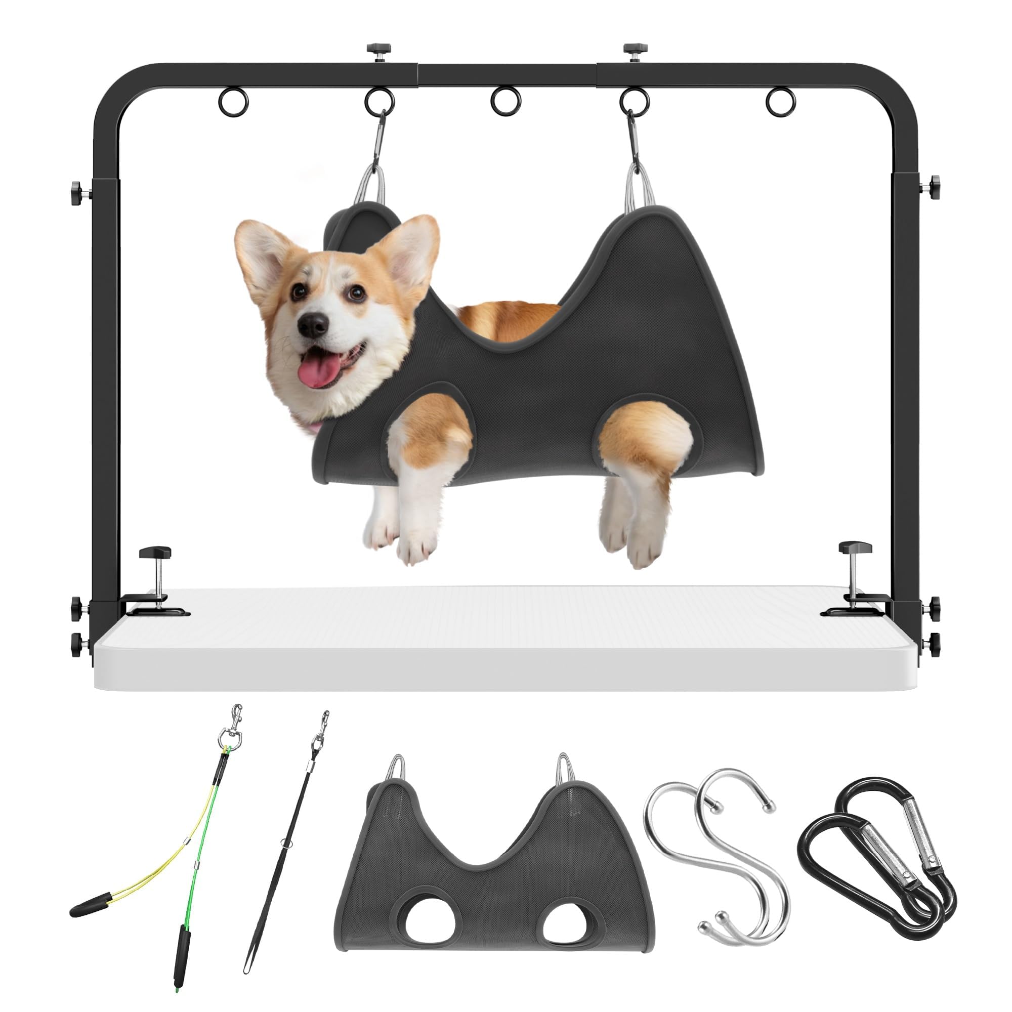 Niffgaff adjustable grooming arm attached to table for stable grooming setup