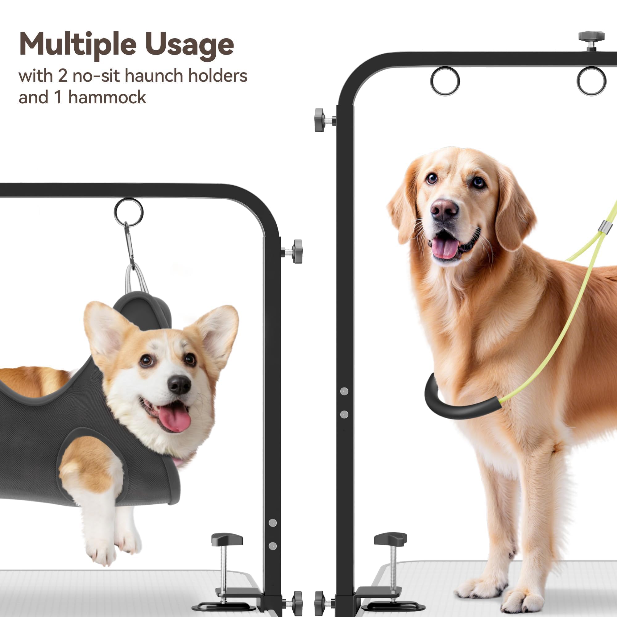 Height-adjustable grooming arm in action suitable for various pet sizes