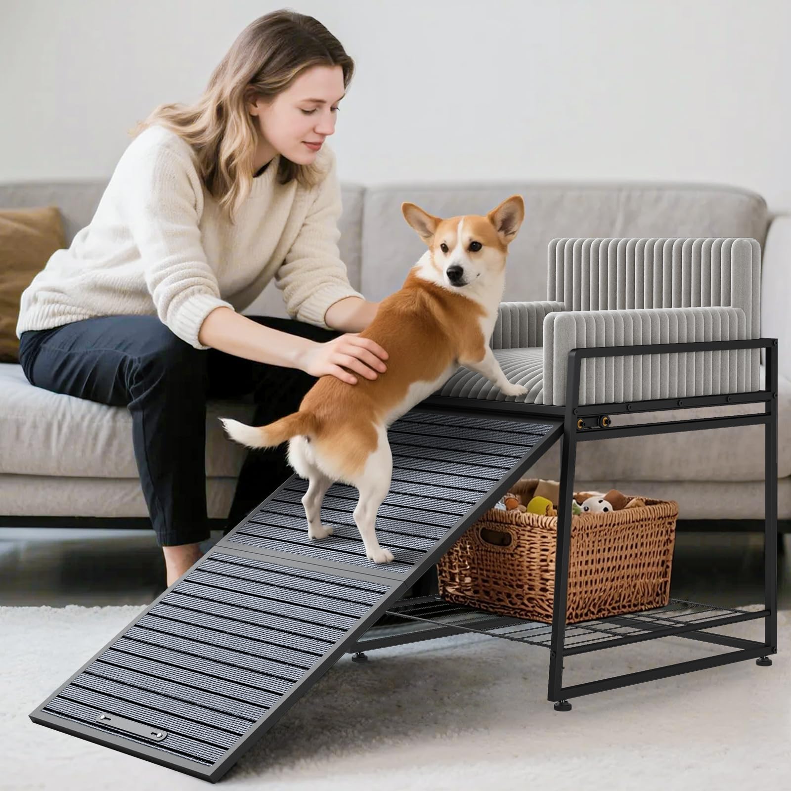 Nigwet Pet Stairs Seat living room setup beside sofa for easy access.