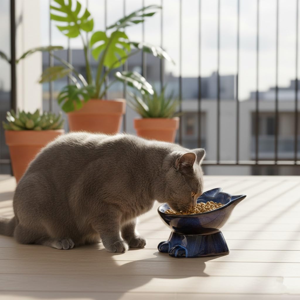 Nihow compact elevated cat bowl fits small feeding areas.
