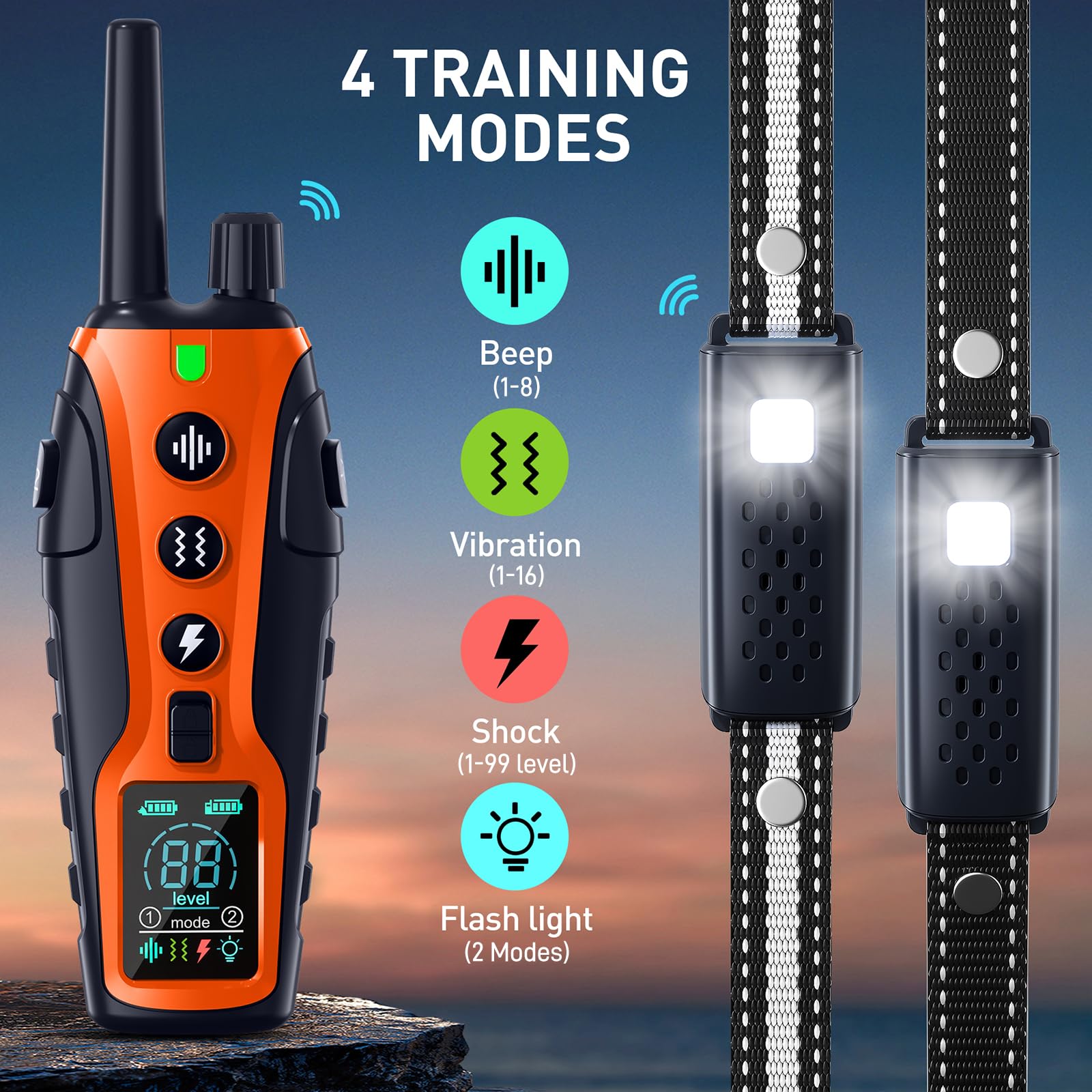 Nikketta night-light activation on dog collar for low-light visibility