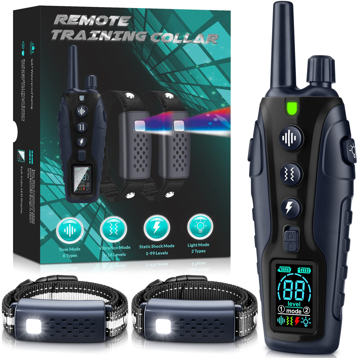Nikketta dog training collar with two-dog light on receiver for visibility