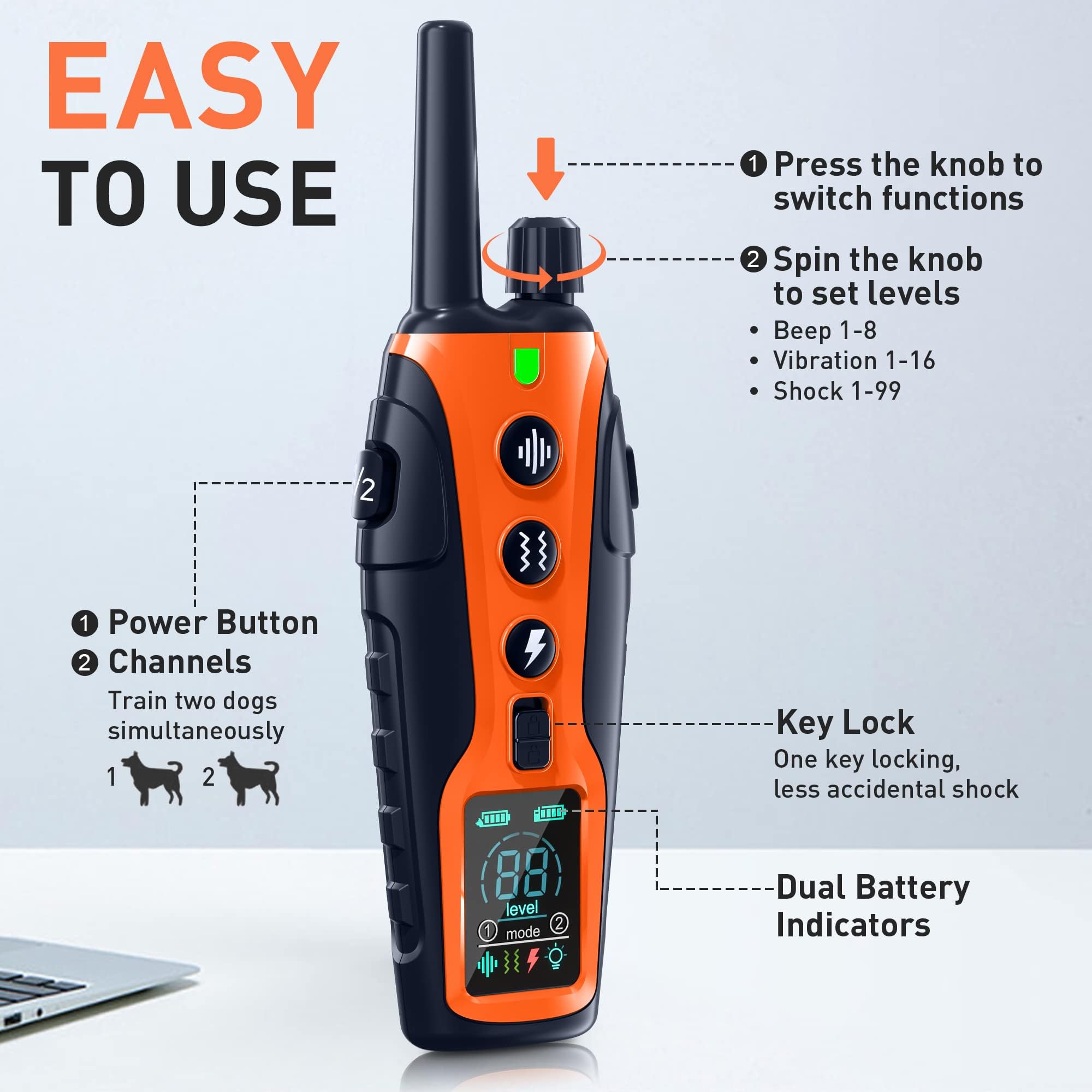 Nikketta long-lasting battery keeps remote and collar ready for days.