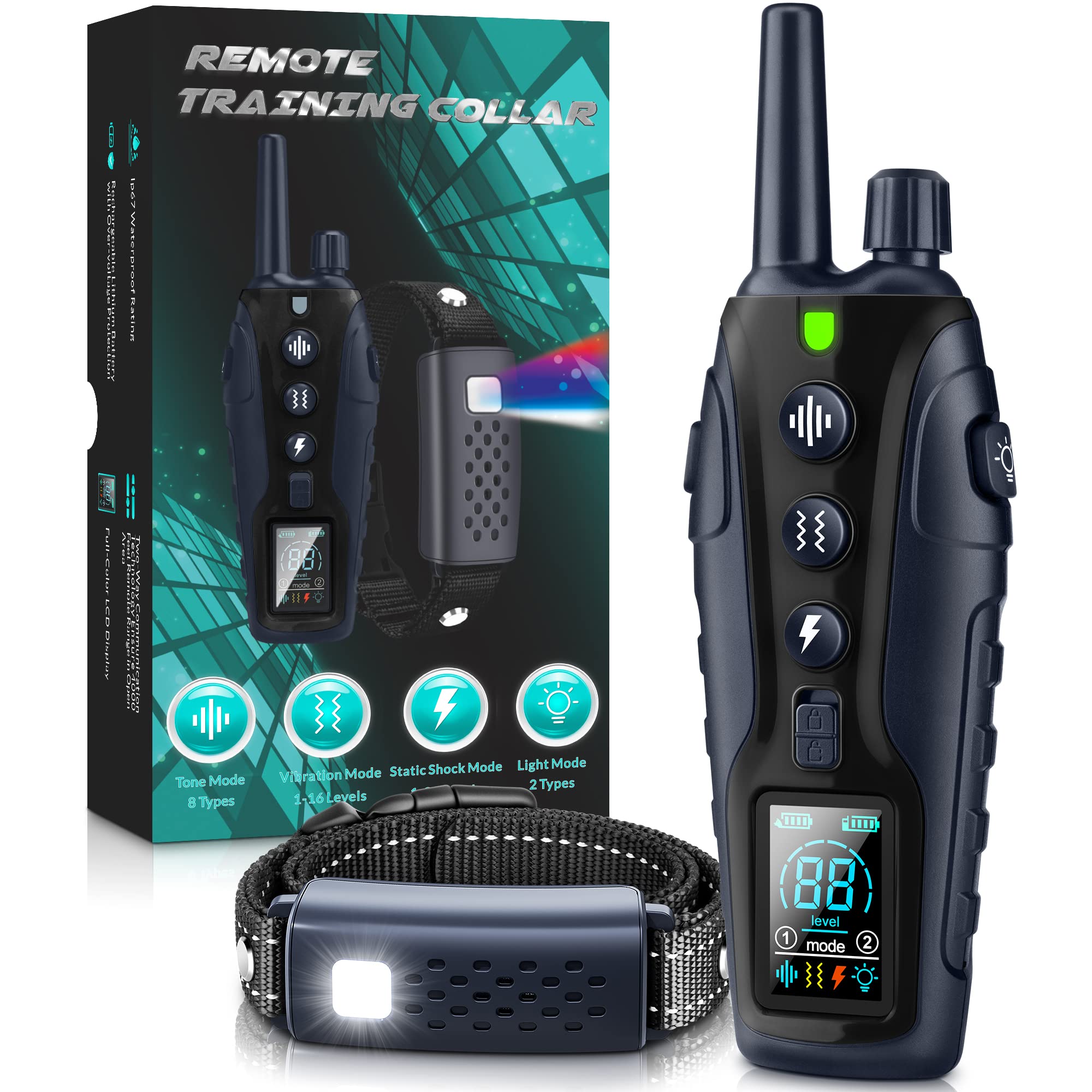 Nikketta shock collar with light on receiver for nighttime visibility.