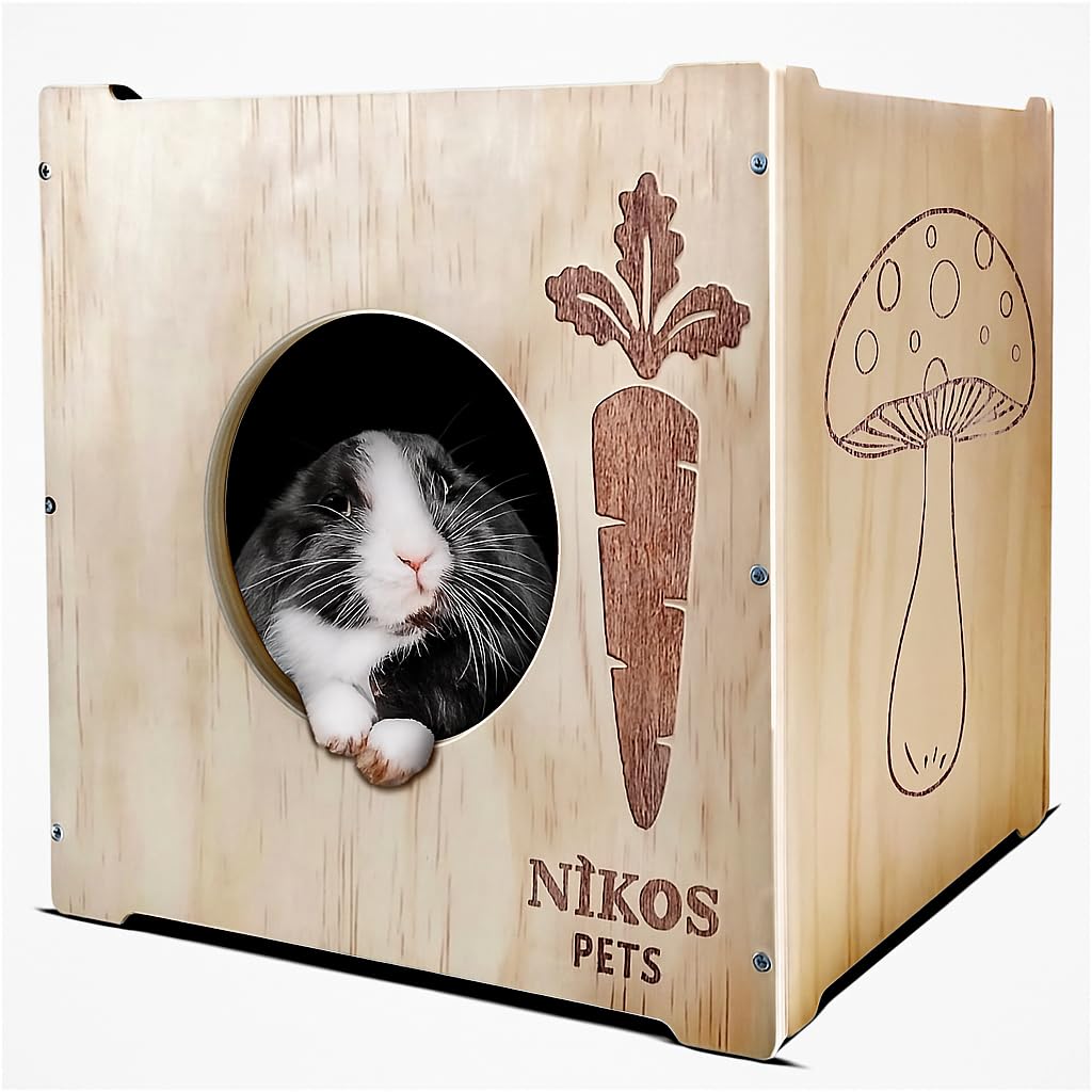 NIKOS PETS rabbit hideout front view demonstrates a secure, cozy space for bunnies