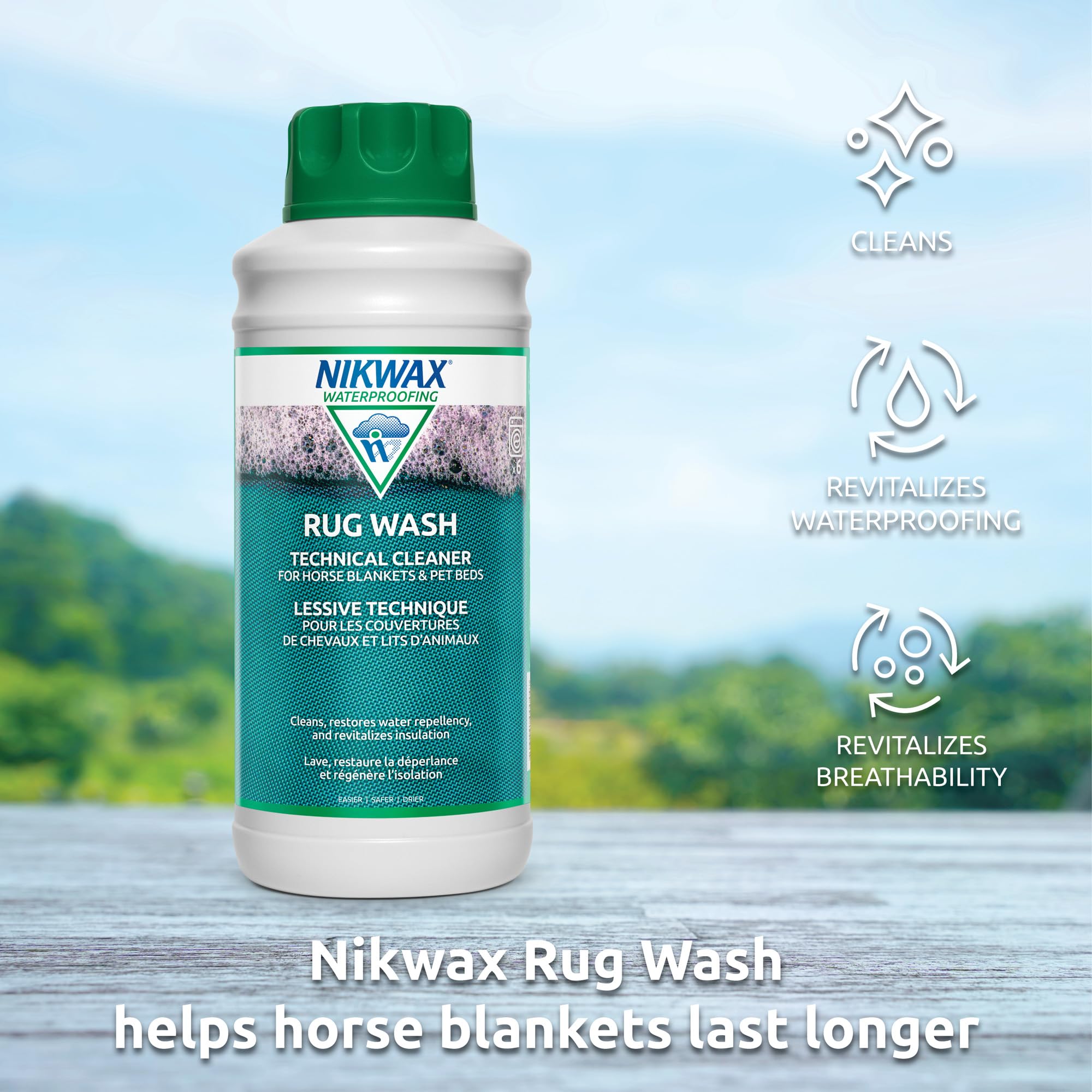 Nikwax Rug Wash 1L on washing machine demonstrating easy home cleaning routine.