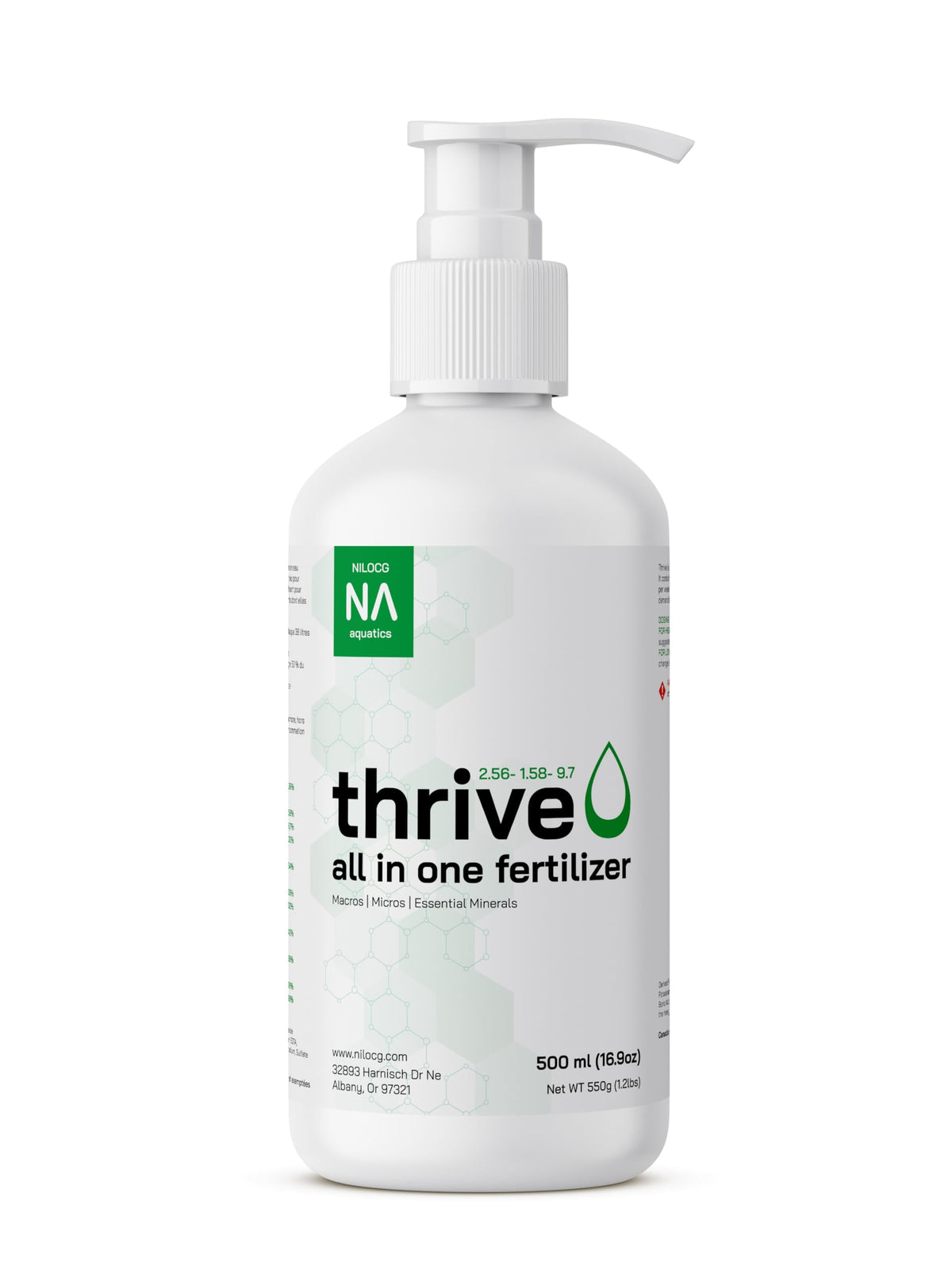 NilocG Thrive all-in-one fertilizer pump bottle delivering essential nutrients to aquarium plants