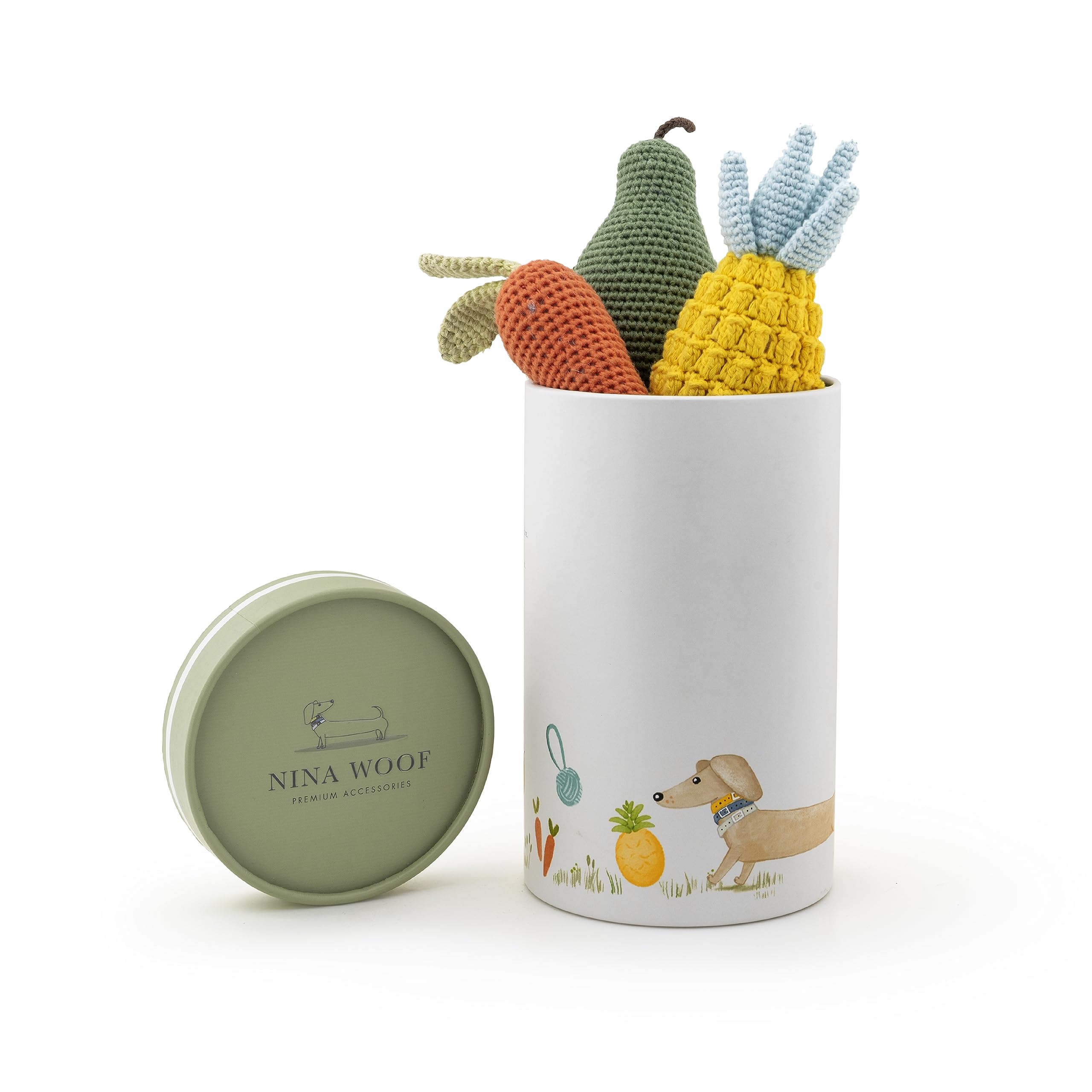 Nina Woof banana squeaky toy in organic cotton, gentle teething and cuddling option