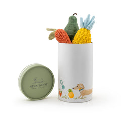 Nina Woof banana squeaky toy in organic cotton, gentle teething and cuddling option