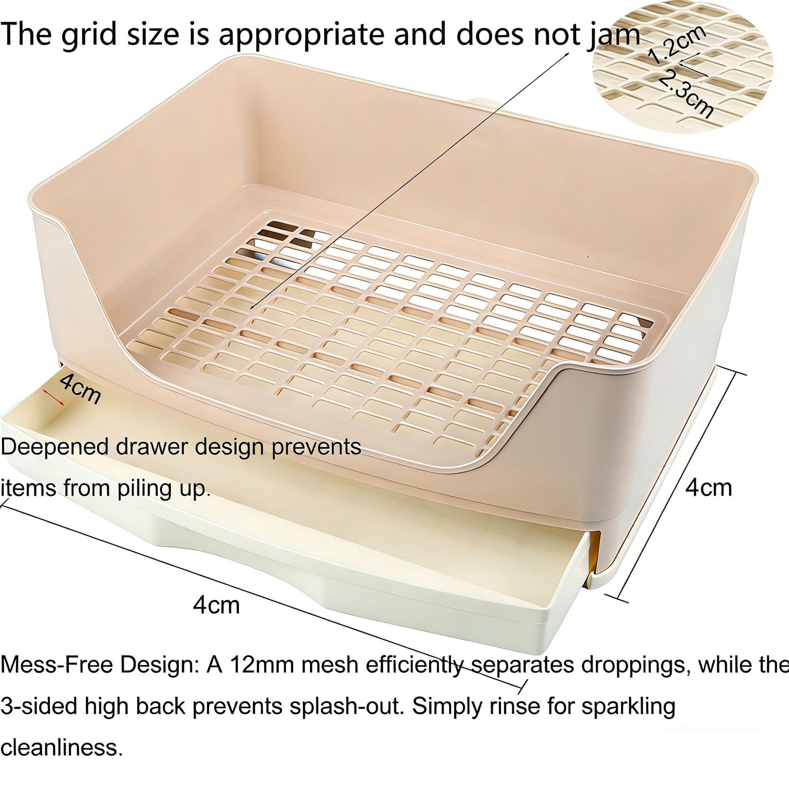NINGVIHE rabbit litter box side view highlights semi-enclosed design to reduce splashes.