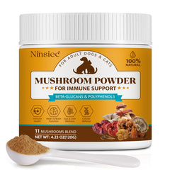 Ninsiec Mushroom Complex packaging front showing vet-formulated pet wellness blend.