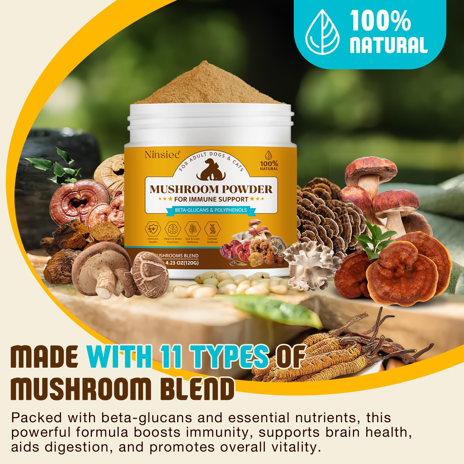 Ninsiec Mushroom Complex scoop for precise dosing in dogs and cats.