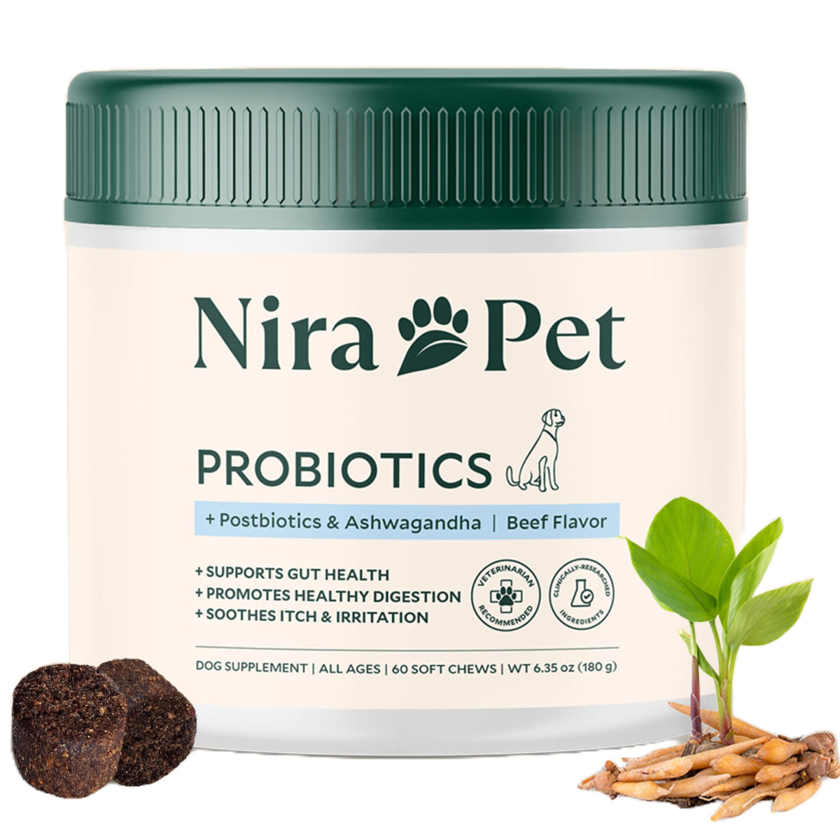 Nira Pet bottle with chews showing its gut health support potential.
