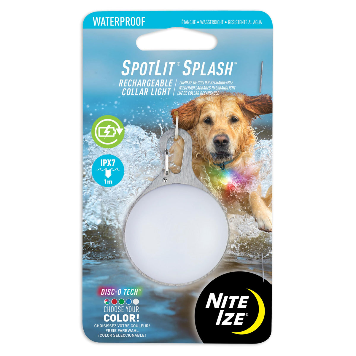 Nite Ize SpotLit Splash clip-on collar light in glow mode for nighttime visibility