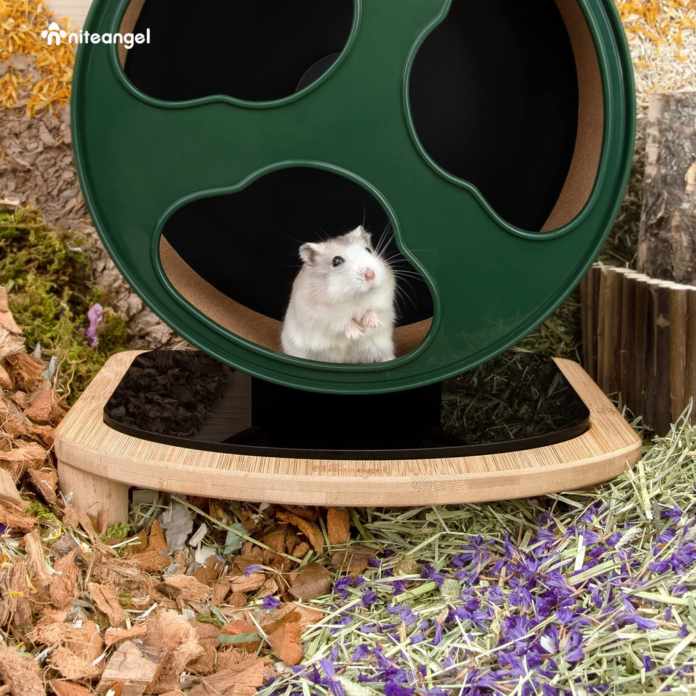 Niteangel anti-slide platform installed on hamster wheel for wobble-free sessions