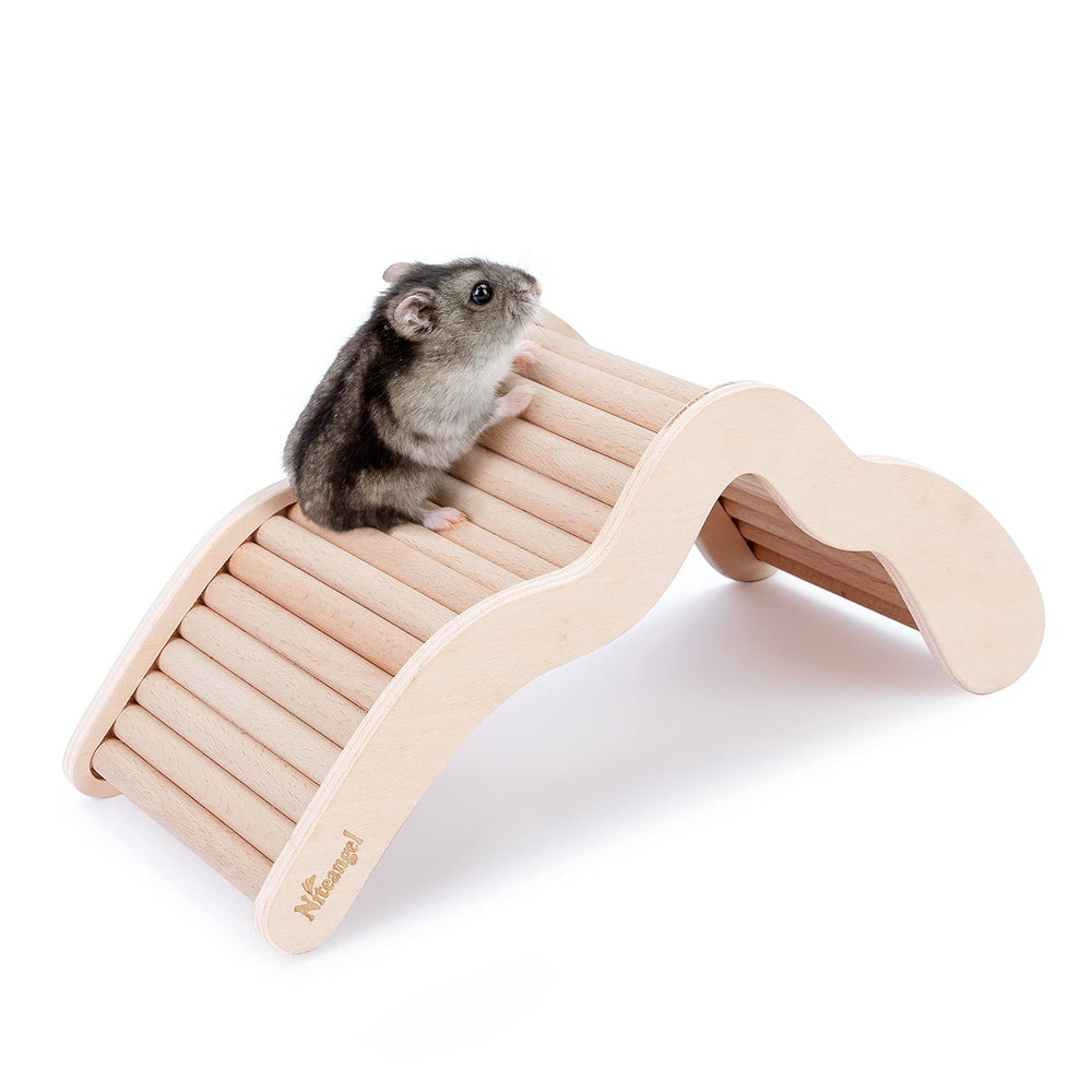Niteangel hamster climbing bridge ladder in habitat, encouraging safe climbing and active play.